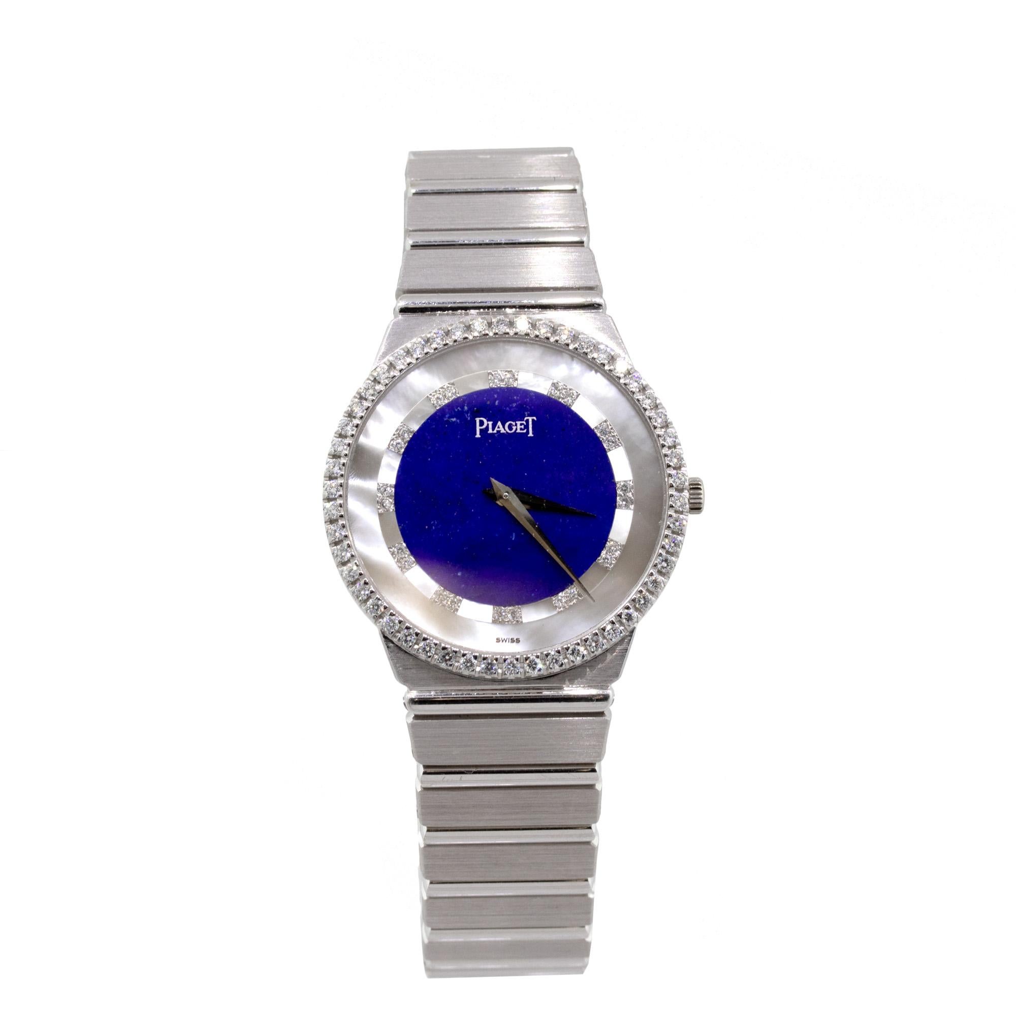 Brand: Piaget
Case Material: 18k white gold
Case Diameter: 32mm
Crystal: Plastic
Bezel: Factory 18k White Gold with Diamonds
Dial: Factory Lapis Lazuli and Mother of Pearl
Bracelet: 18k White Gold Bracelet
Size: Will fit a 6″ wrist
Clasp: 18k White