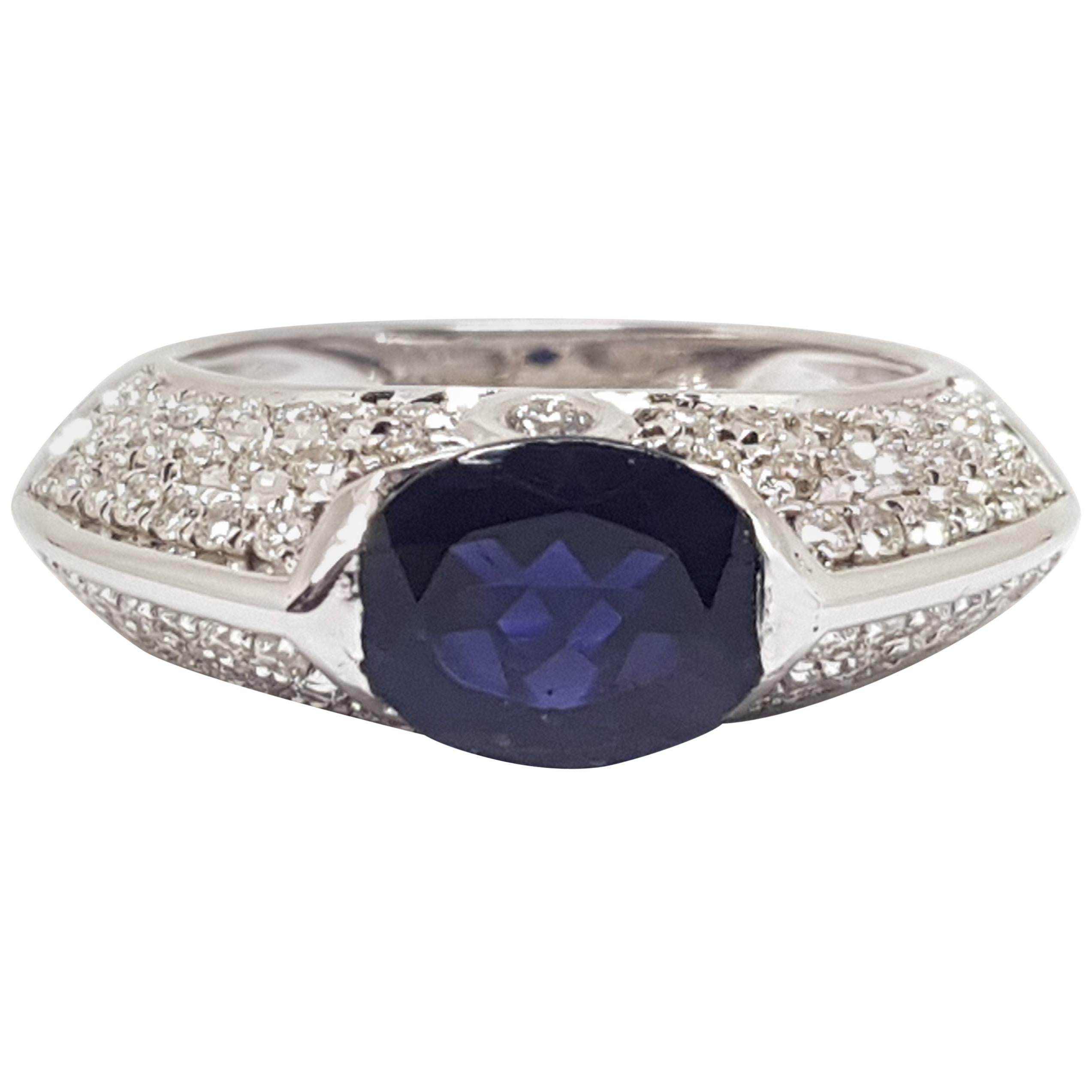 Piaget 18 Karat White Gold Pave Diamond Oval Blue Sapphire Engagement Band Ring