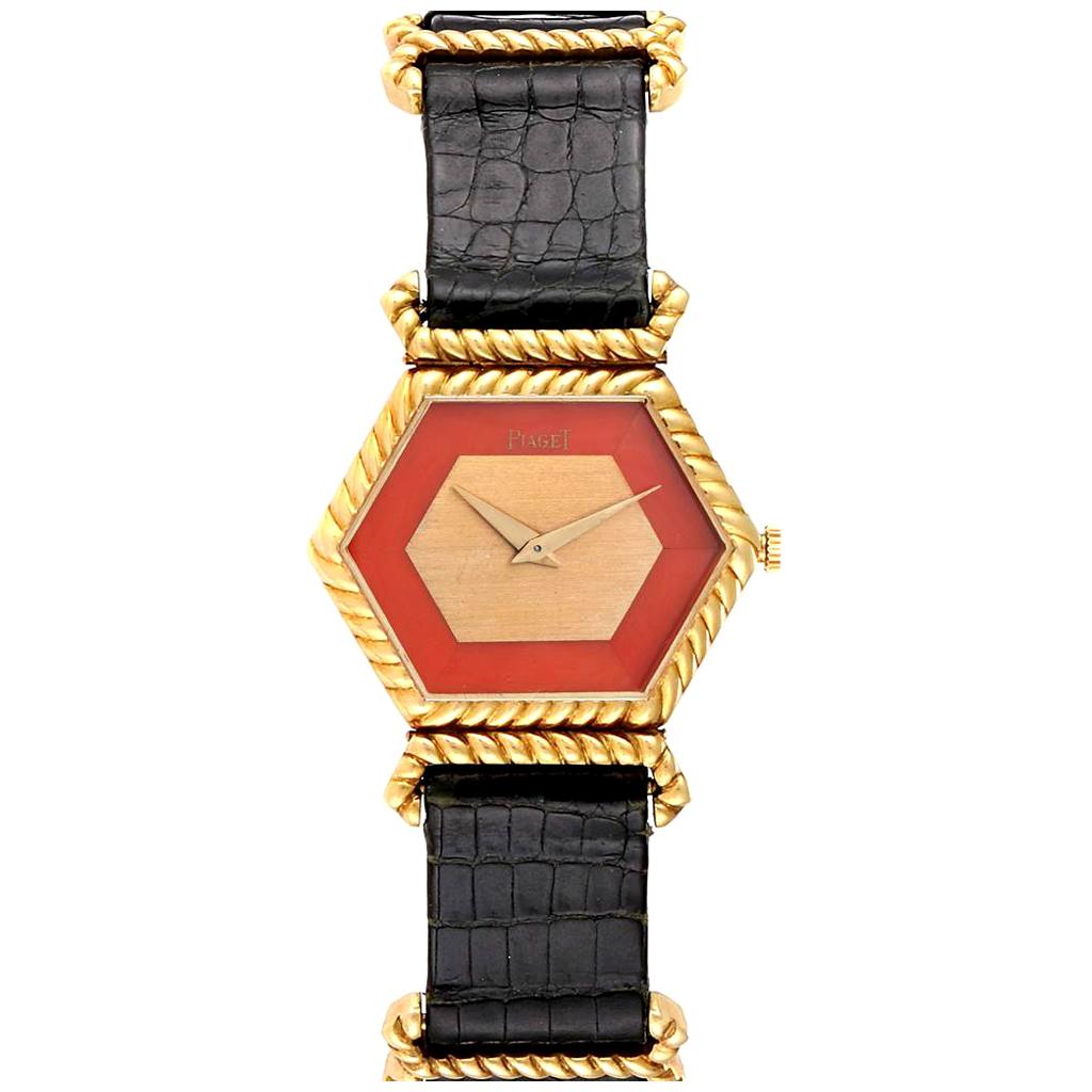 Piaget 18 Karat Yellow Gold Coral Dial Hexagonal Vintage Ladies Watch 9559 For Sale