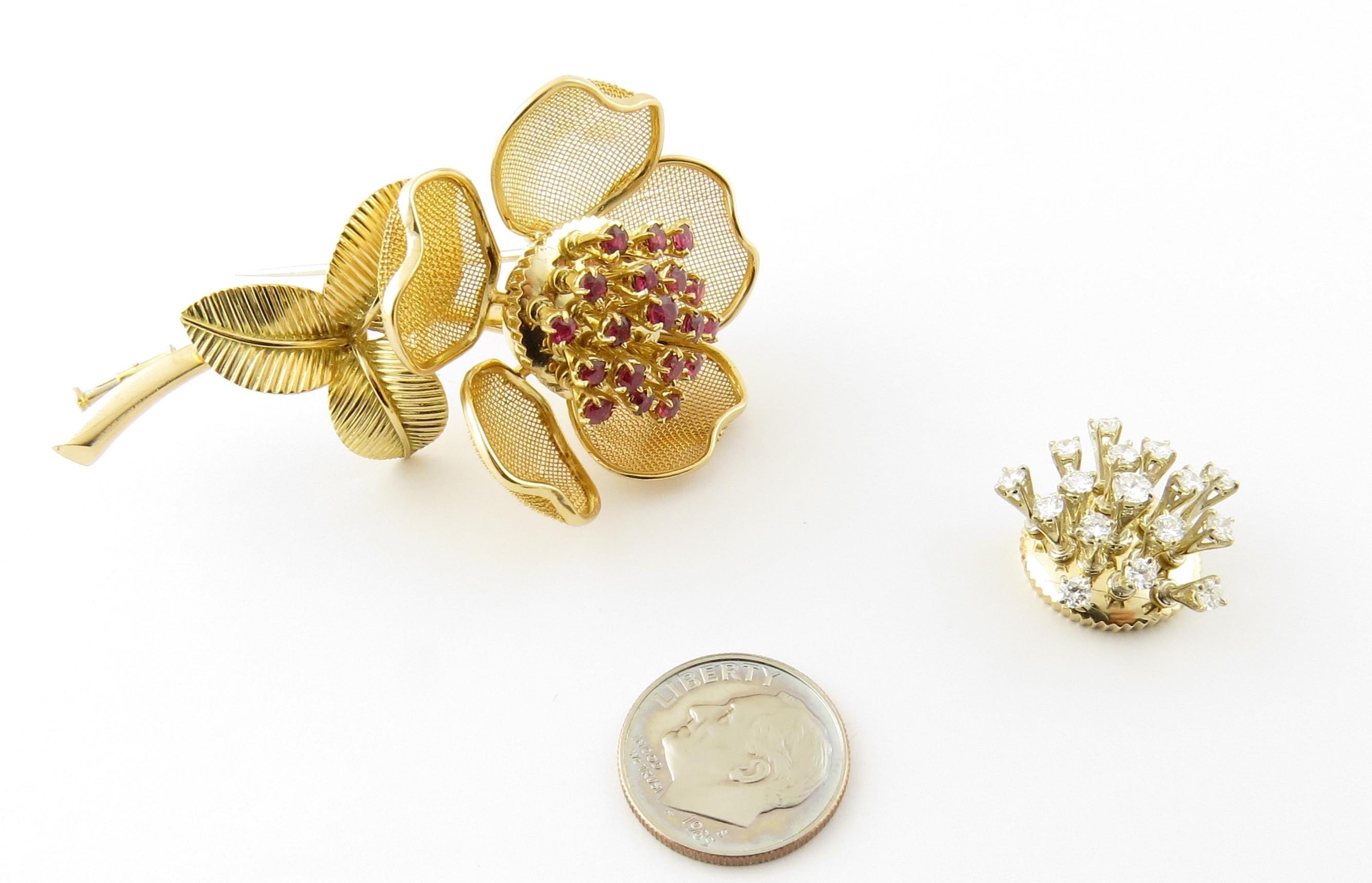 Piaget 18 Karat Yellow Gold Diamond and Ruby Tremblant Flower Brooch 6