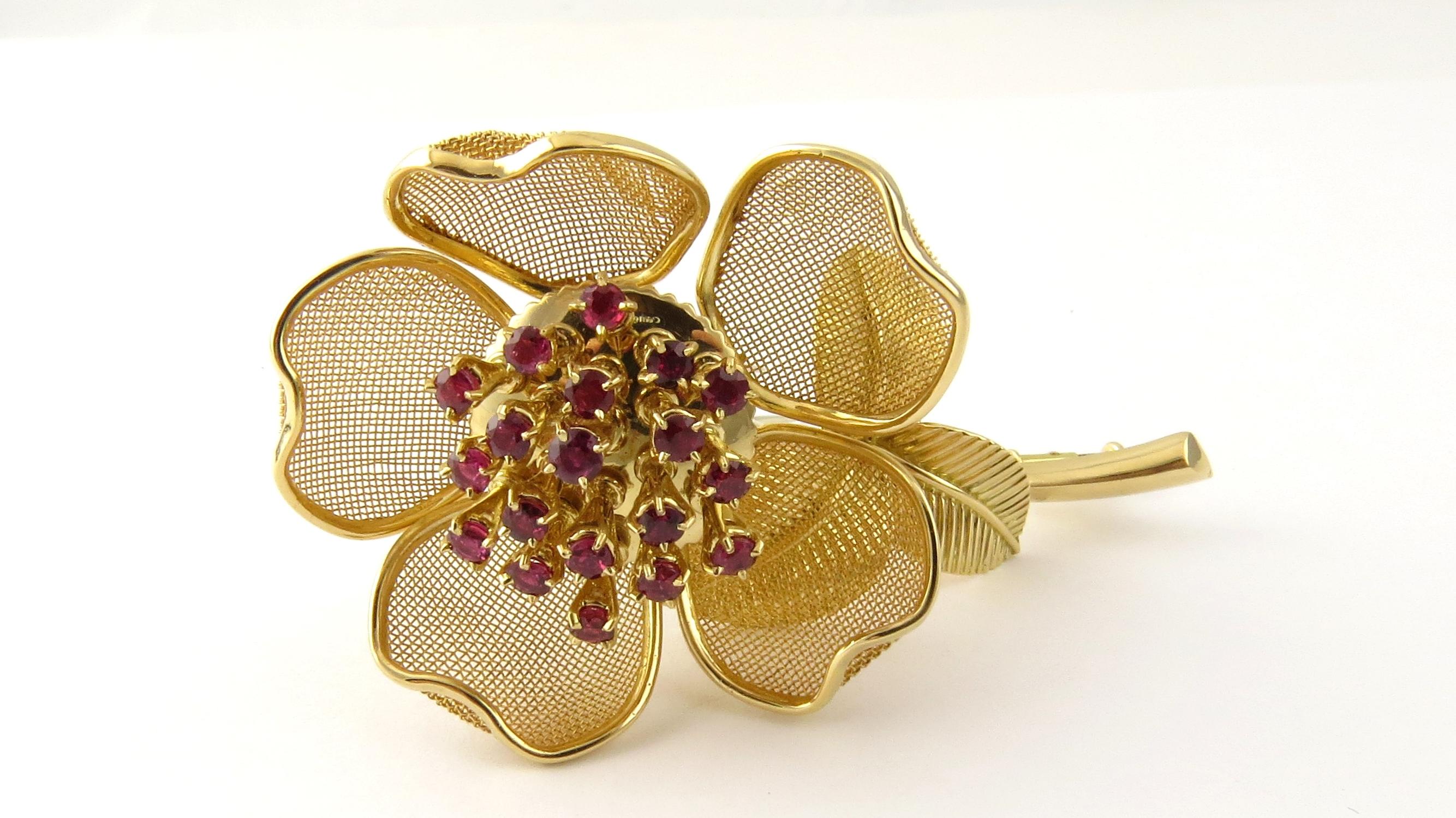 Piaget 18 Karat Yellow Gold Diamond and Ruby Tremblant Flower Brooch 7
