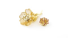 Piaget 18 Karat Yellow Gold Diamond and Ruby Tremblant Flower Brooch
