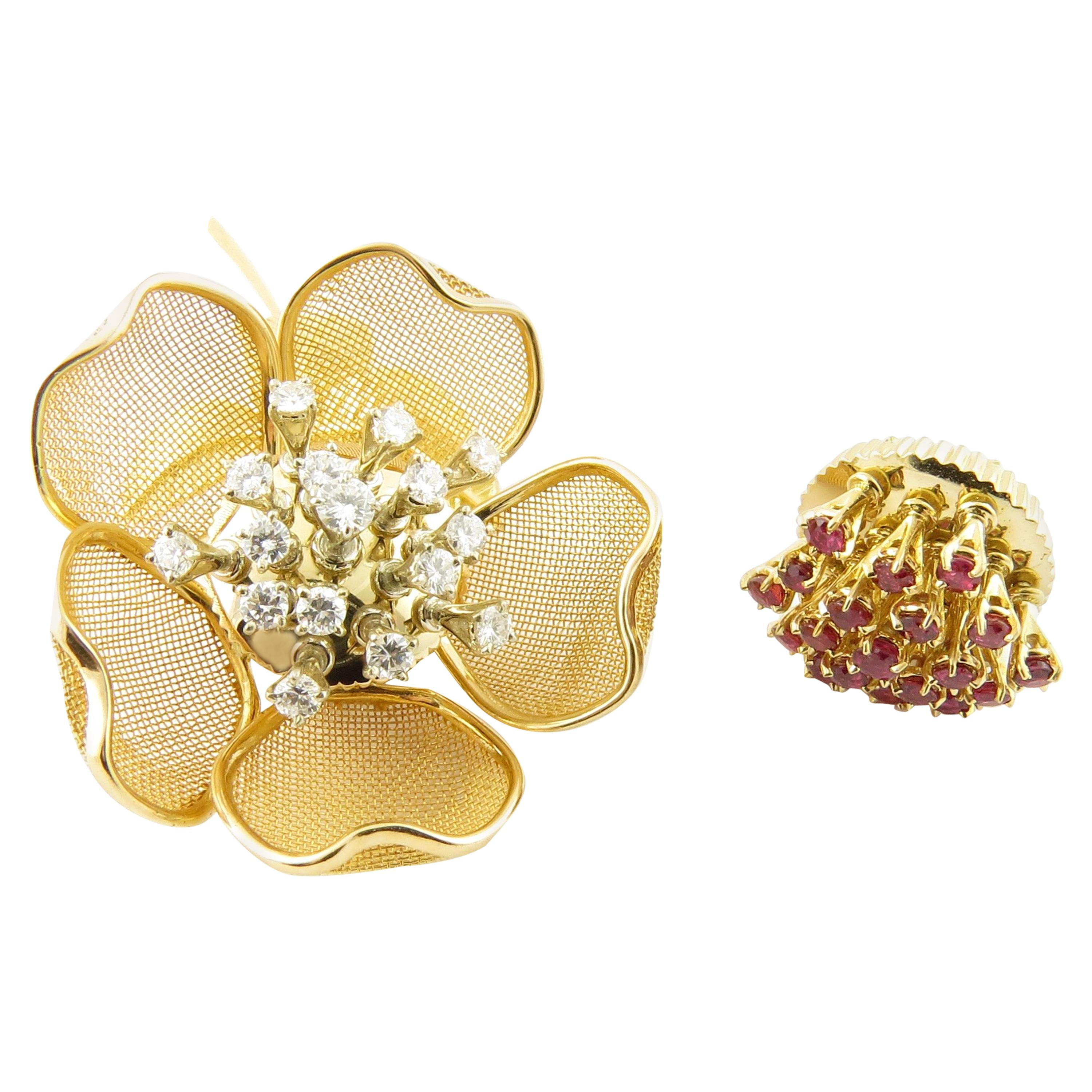 Piaget 18 Karat Yellow Gold Diamond and Ruby Tremblant Flower Brooch