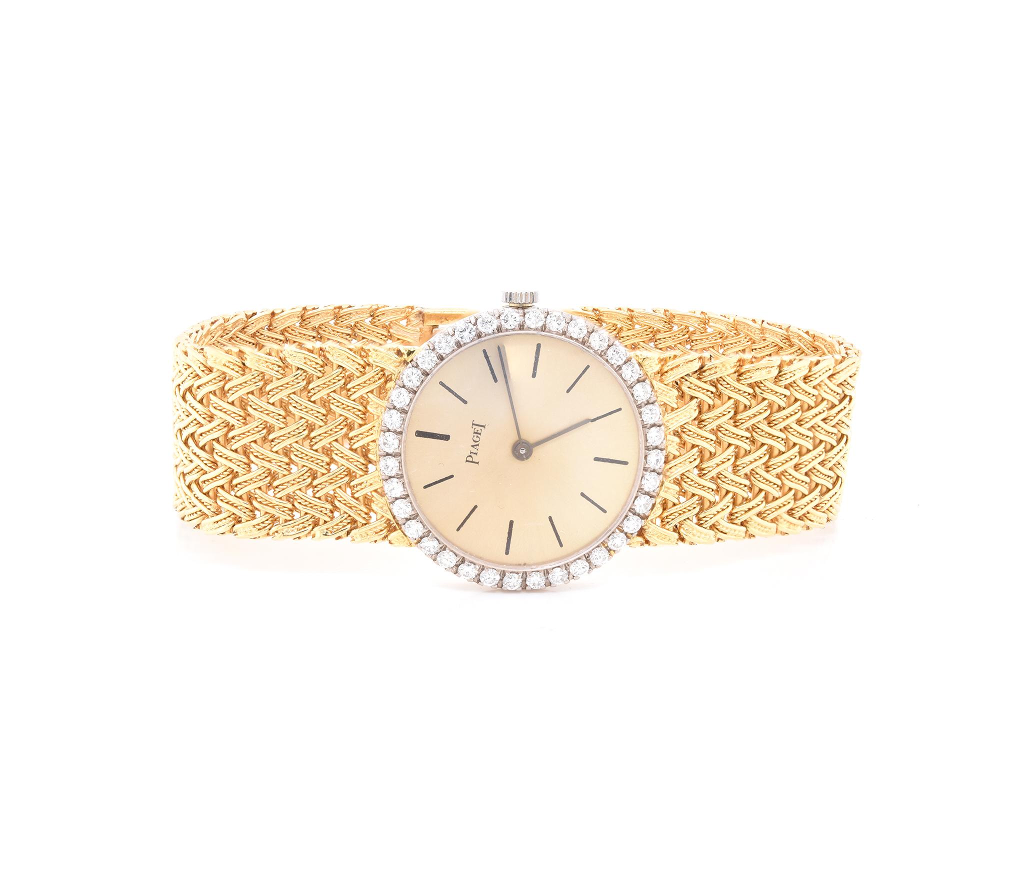 Movement: quartz
Function: hours, minutes
Case: 24mm yellow gold round case, scratch-resistant sapphire crystal, push/pull crown
Band: yellow gold Piaget mesh link bracelet with butterfly clasp
Dial: champagne stick dial
Serial: 101XXX
Diamonds: