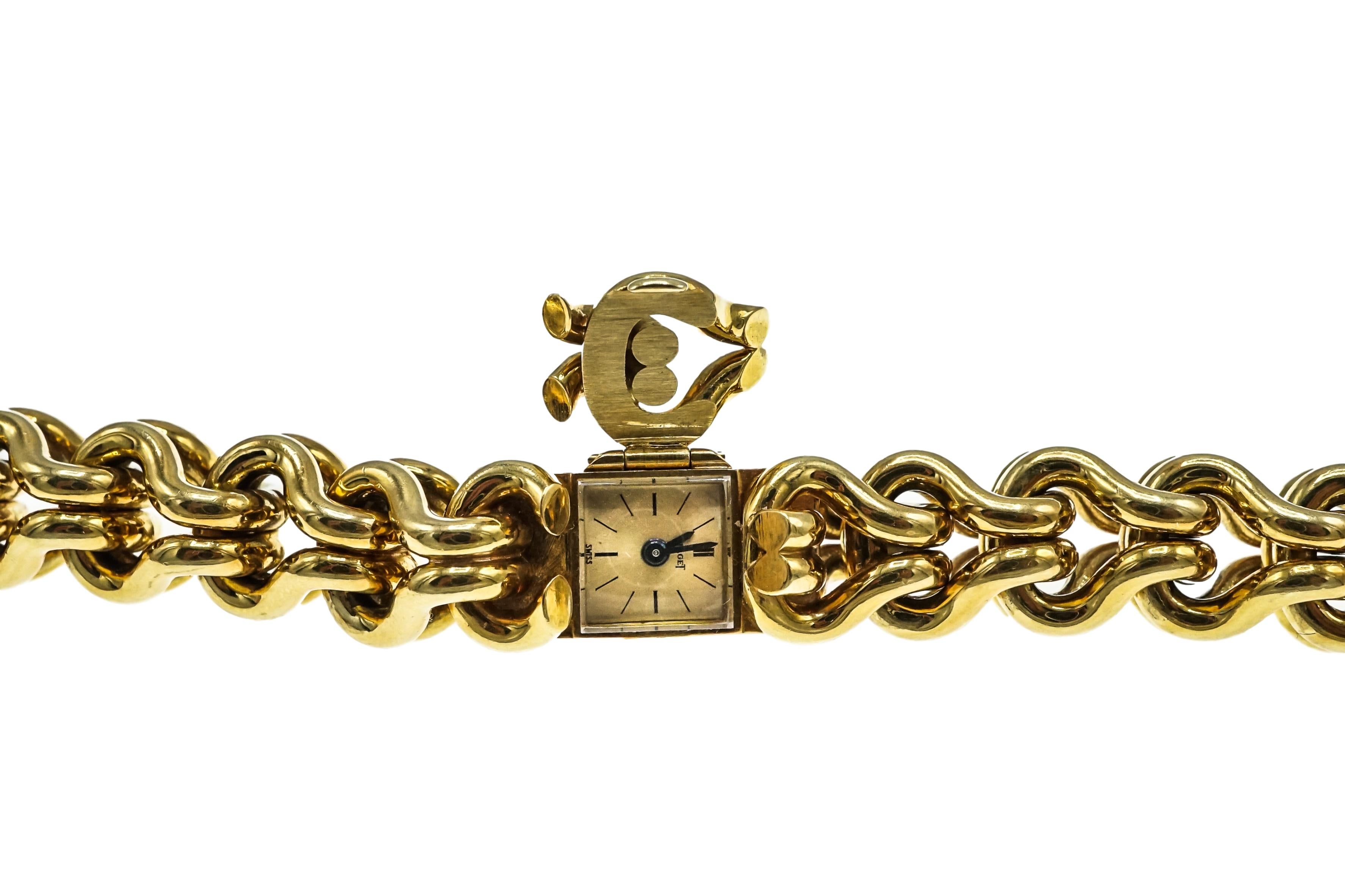 18k gold 1940s Piaget watch bracelet, featuring backwind manual wind movement. Bracelet is 7.5