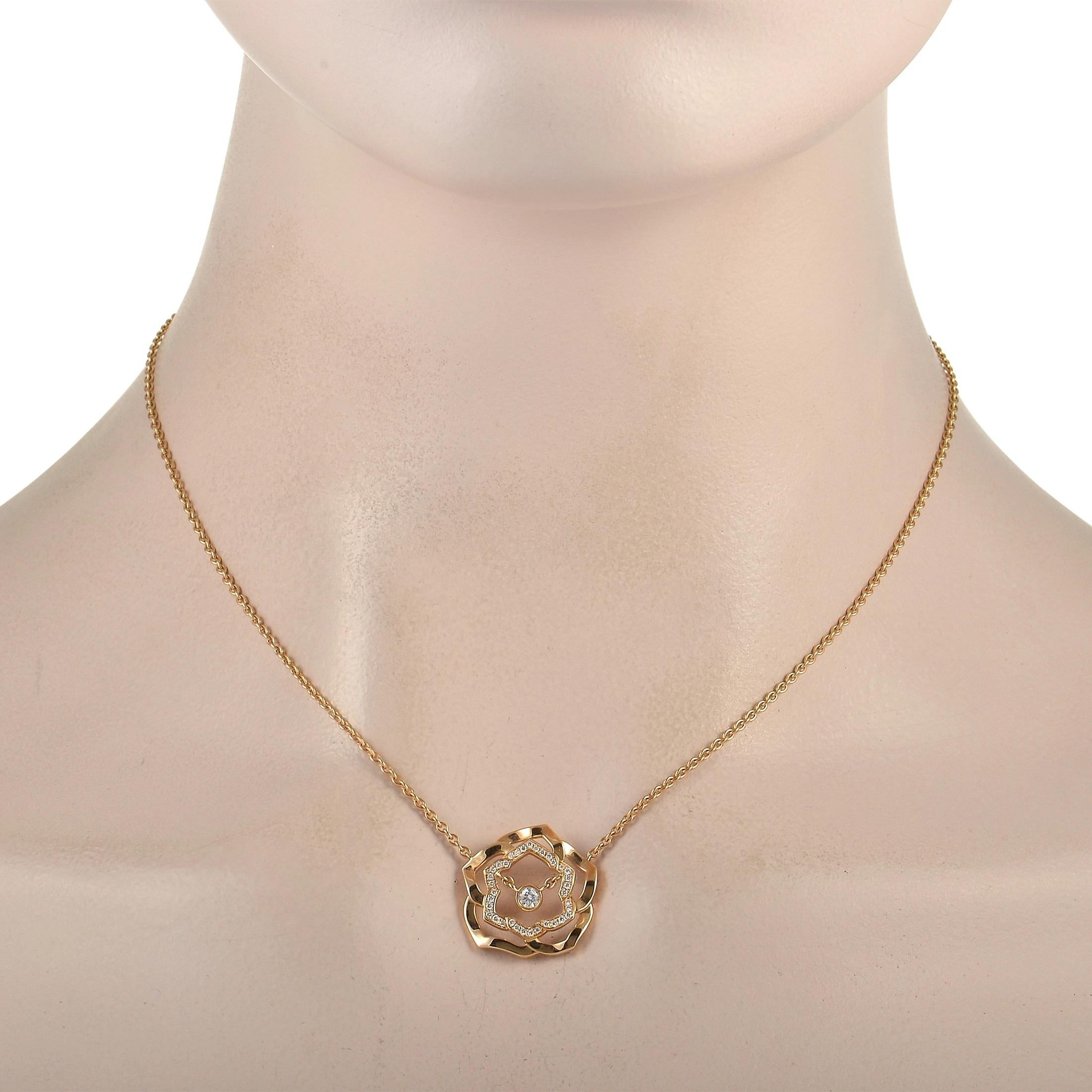 This Piaget pendant necklace has a captivating design that will forever impress. Suspended from a 16” chain, you’ll find a bold rose-shaped pendant that measures 0.75” round. This artistic piece of jewelry is even more elegant thanks to the