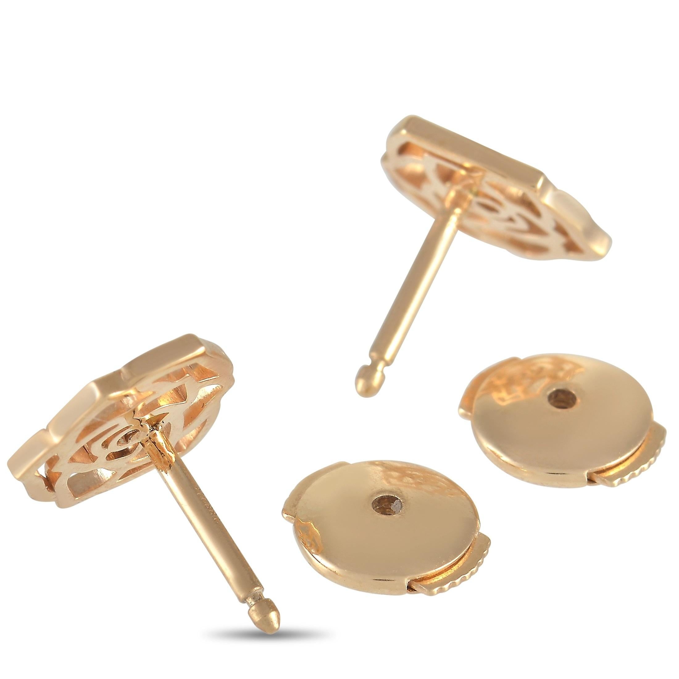  An artistic rose-shaped design makes these stud earrings from Piaget a statement piece that will never go out of style. Crafted from 18K Rose Gold, each one measures 0.44” round and features a single gemstone at the center. 
 
 This jewelry piece