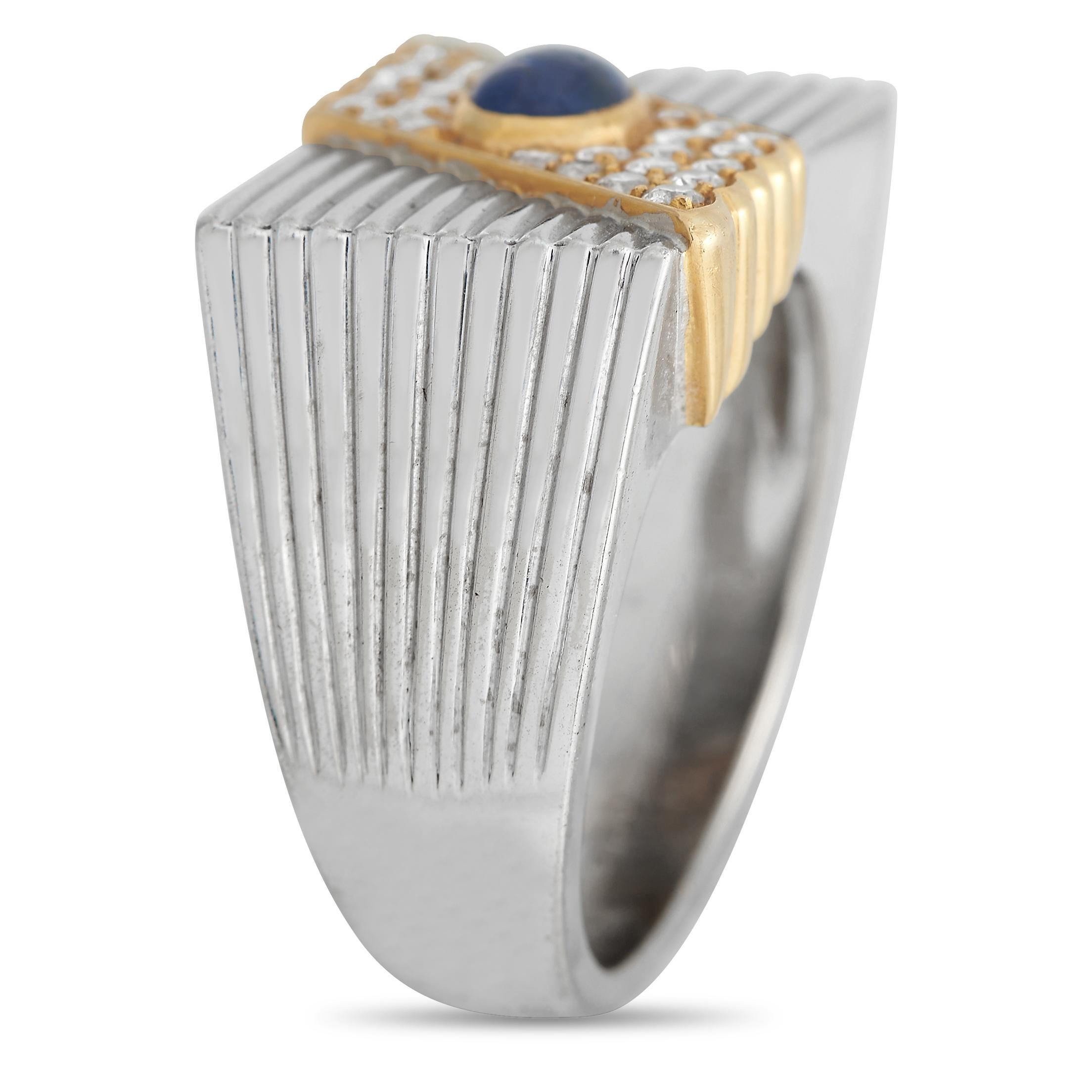 Your jewelry collection won't be complete without an attention-grabbing ring like this two-toned beauty from Piaget. This striking jewel features a white gold square shank with ridged or fluted detail. The flat top bears a diagonal bar in 18K yellow