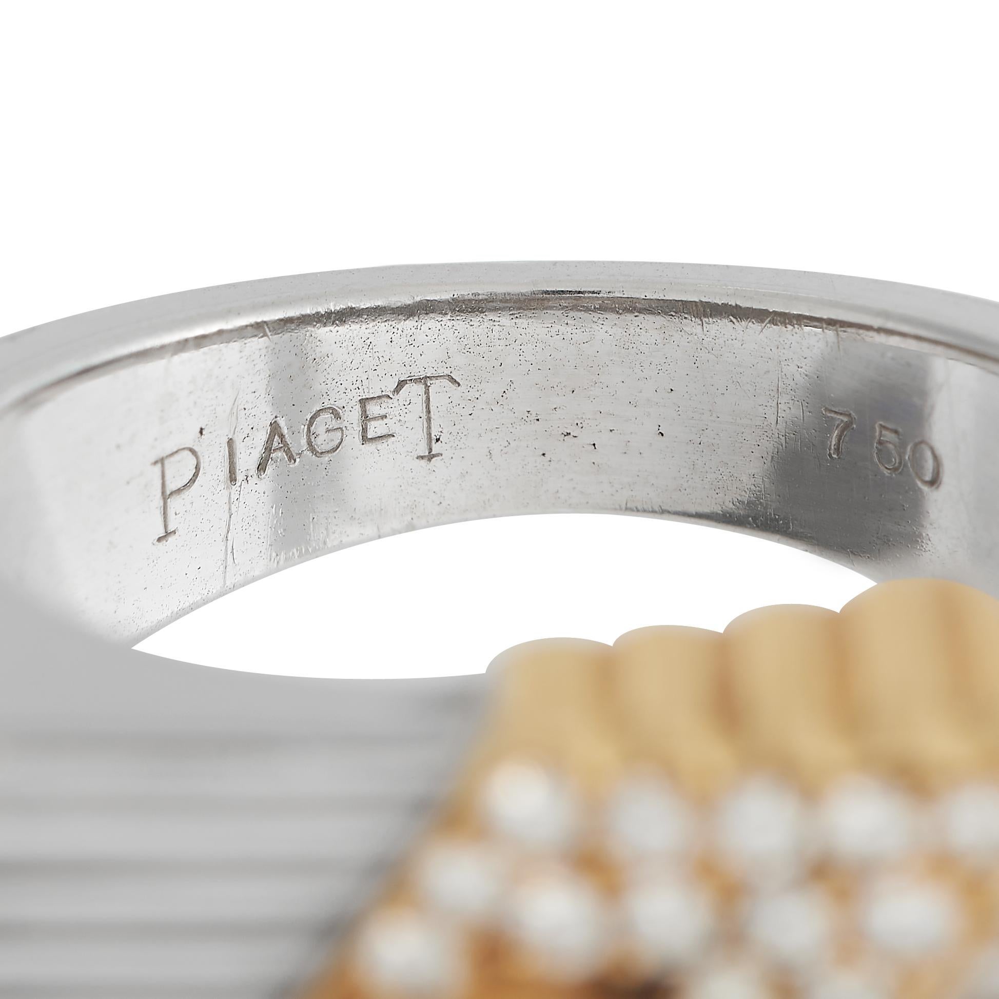 Piaget 18K White and Yellow Gold Diamond and Sapphire Fluted Square Ring In Excellent Condition For Sale In Southampton, PA