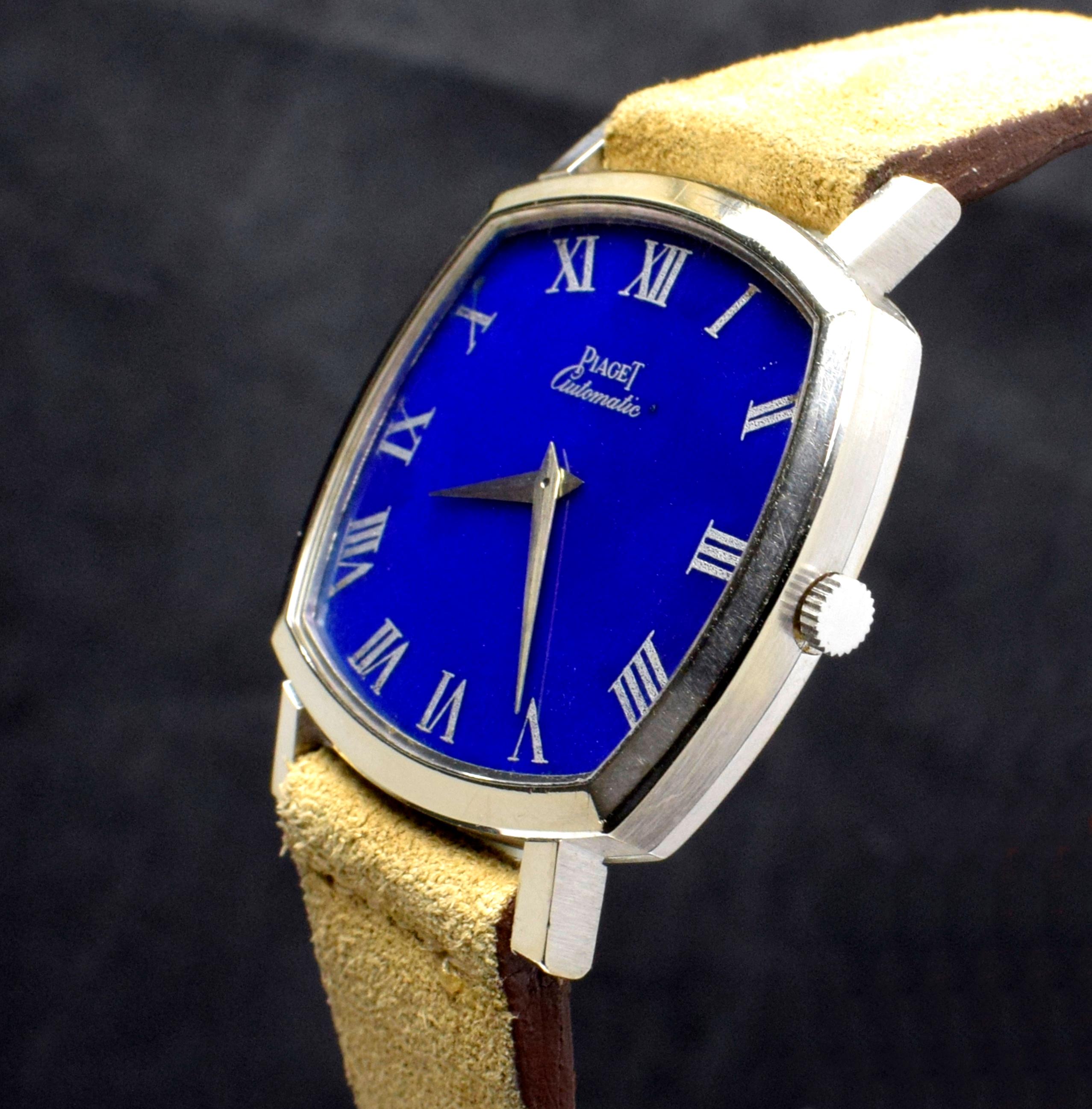 Piaget 18K White Gold Black Tie-Emperador Lapis Dial 12406 Automatic, 1970s In Good Condition In Central & Western District, HK