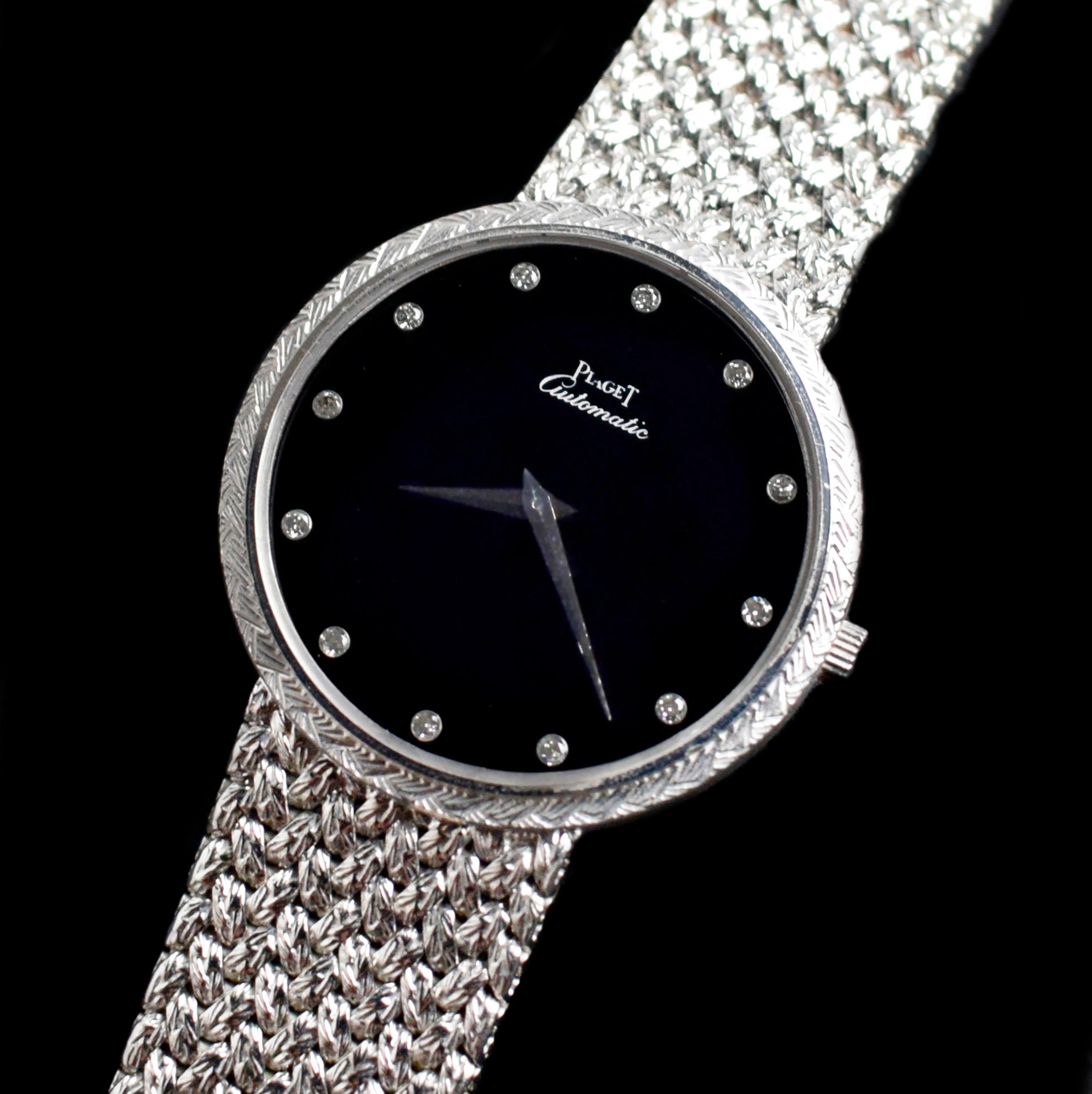Brand: Piaget
Model: 12343 D2
Year: 1970’s
Serial number: 25xxxx

Reference: C04321

Case: Show sign of wear 18K White Gold Case with approximate size 34 mm x 34 mm along with serial number engraved on case back

Dial: Excellent Aged Condition Onyx