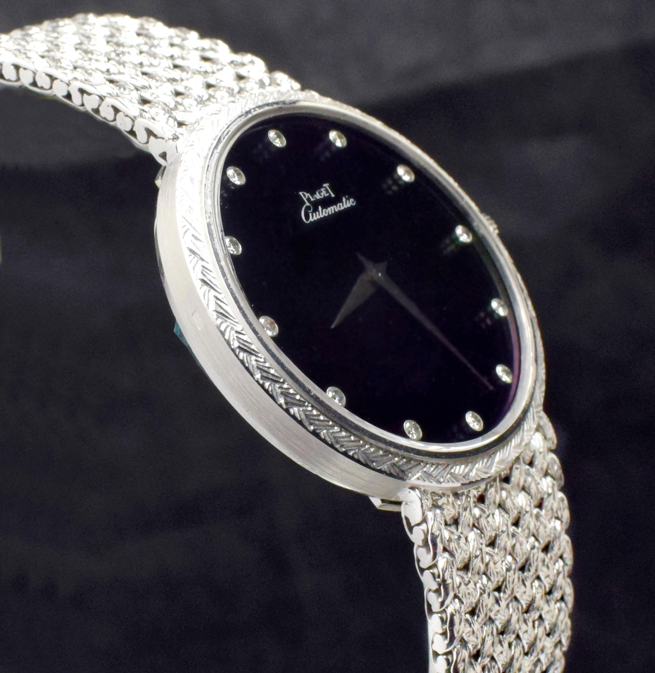 Women's or Men's Piaget 18K White Gold Onyx & Diamond Dial Automatic 12343 D2, 1970's