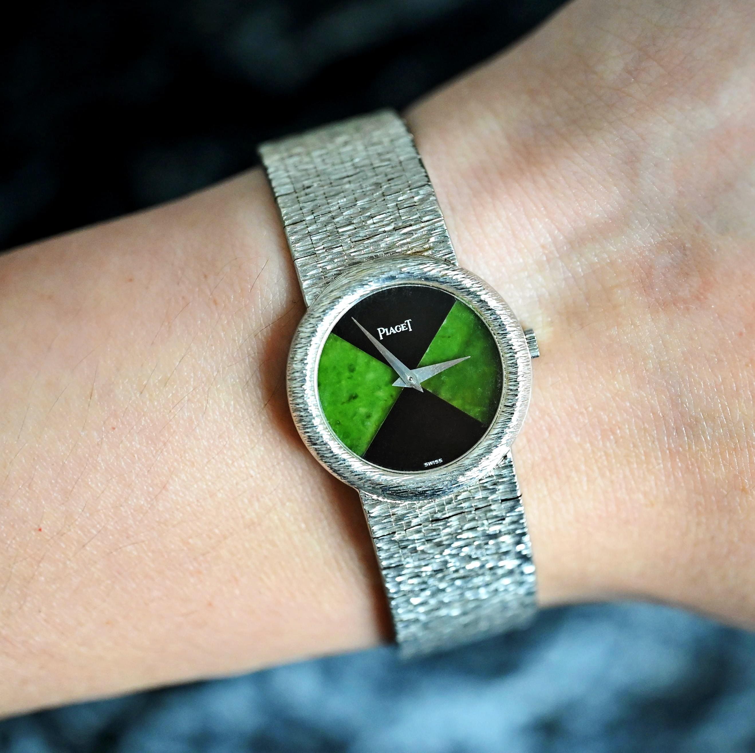 Piaget 18K White Gold Onyx & Jadeite Stone Dial Manual Wind 9040A6, 1980's 3