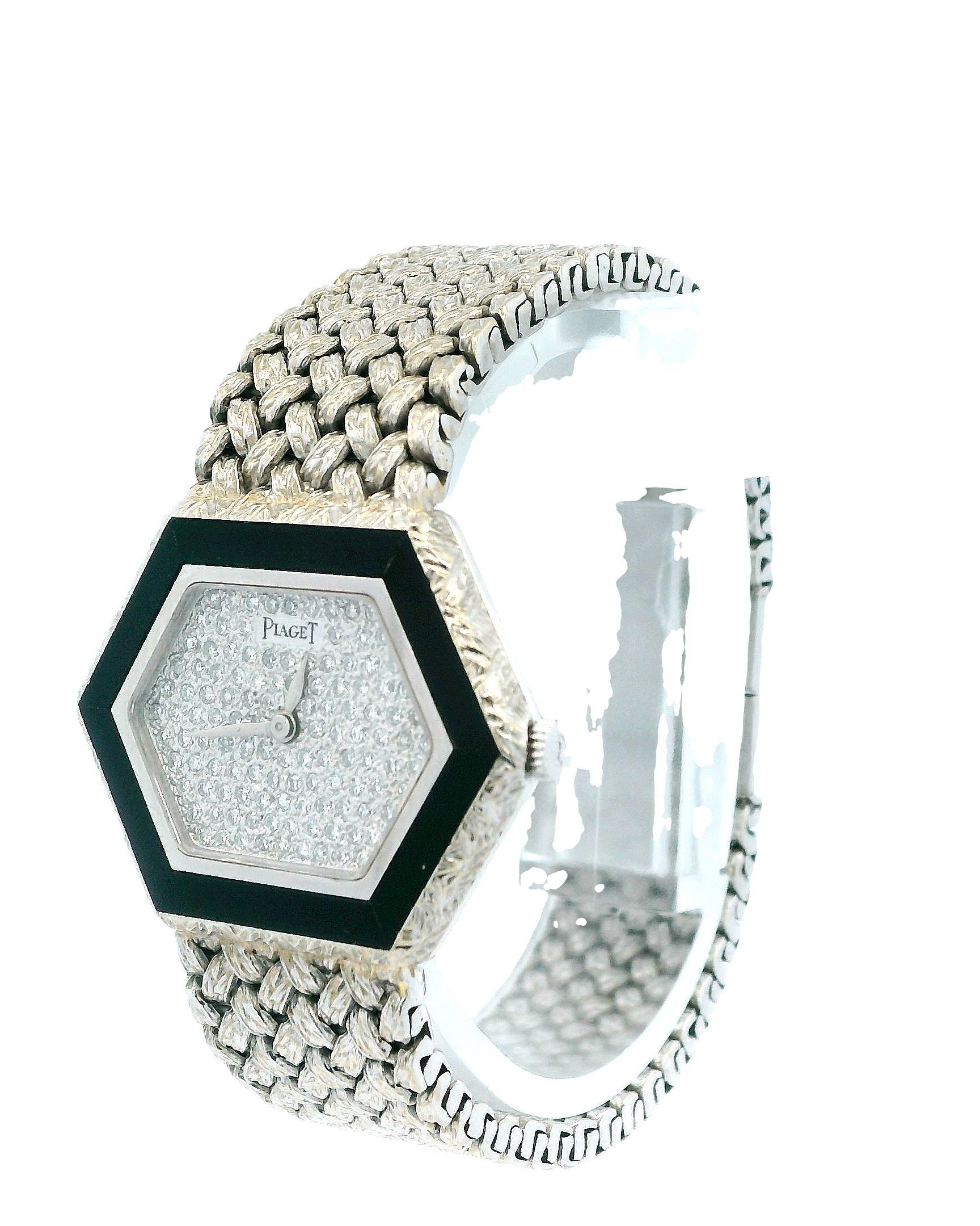 Piaget 18k White Gold Onyx & Pave Dial Ladies Watch In Good Condition For Sale In Great Neck Plaza, NY