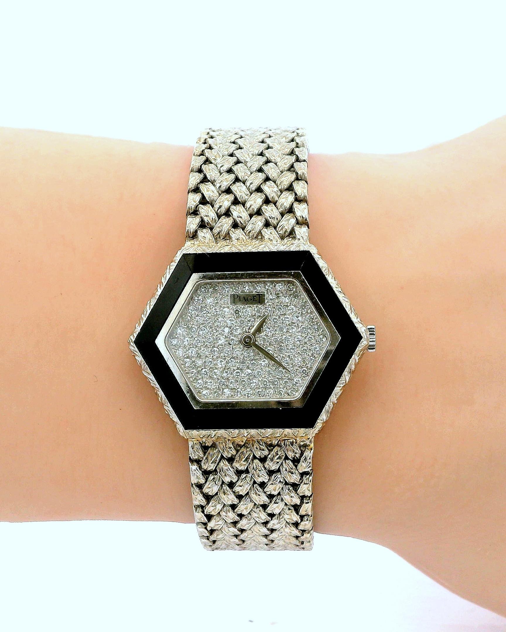 Piaget 18k White Gold Onyx & Pave Dial Ladies Watch For Sale 5