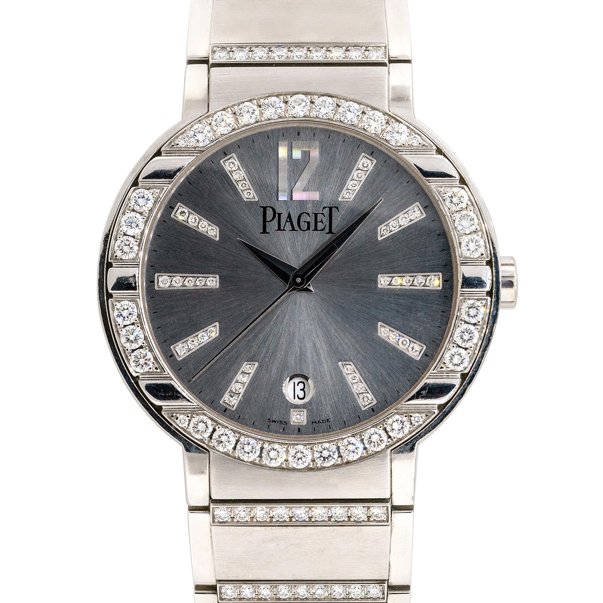 Brand: Piaget
MPN: P10183
Case Material: 18k White Gold
Case Diameter: 38mm
Crystal: Sapphire
Bezel: 18k white gold and factory diamond bezel
Dial: Silver dial with silver hands and Diamond hour markers. Date can be found at 6 o'clock
Bracelet: 18k