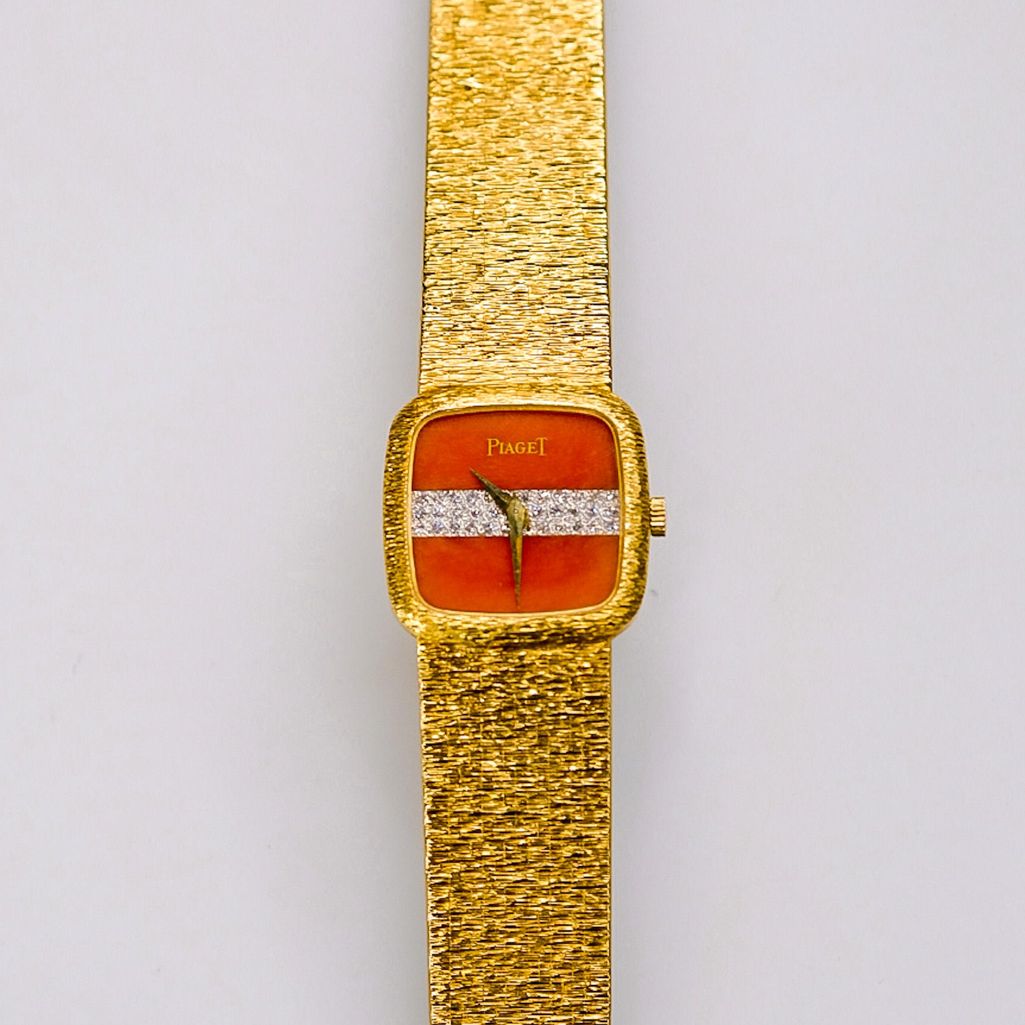 Modern Piaget 18k Yellow Gold 1970s Coral Diamond Dial Vintage 9902a6 Ladies Watch