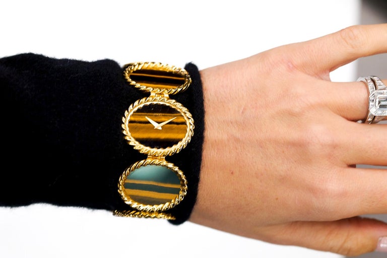 Piaget 18K Yellow Gold 1970's Tiger Eye Oval Link Watch For Sale at 1stDibs