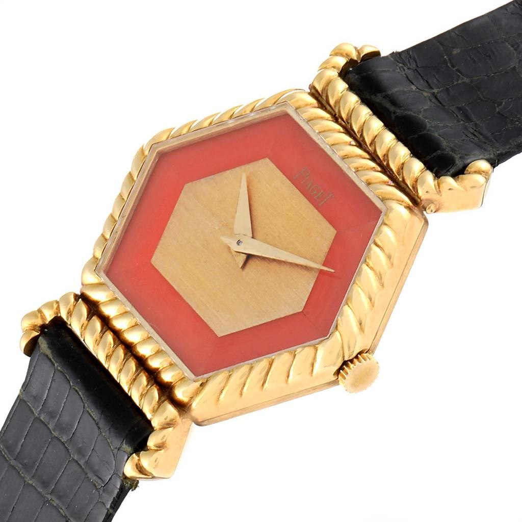 Tumbled Piaget 18 Karat Yellow Gold Coral Dial Hexagonal Vintage Ladies Watch 9559 For Sale