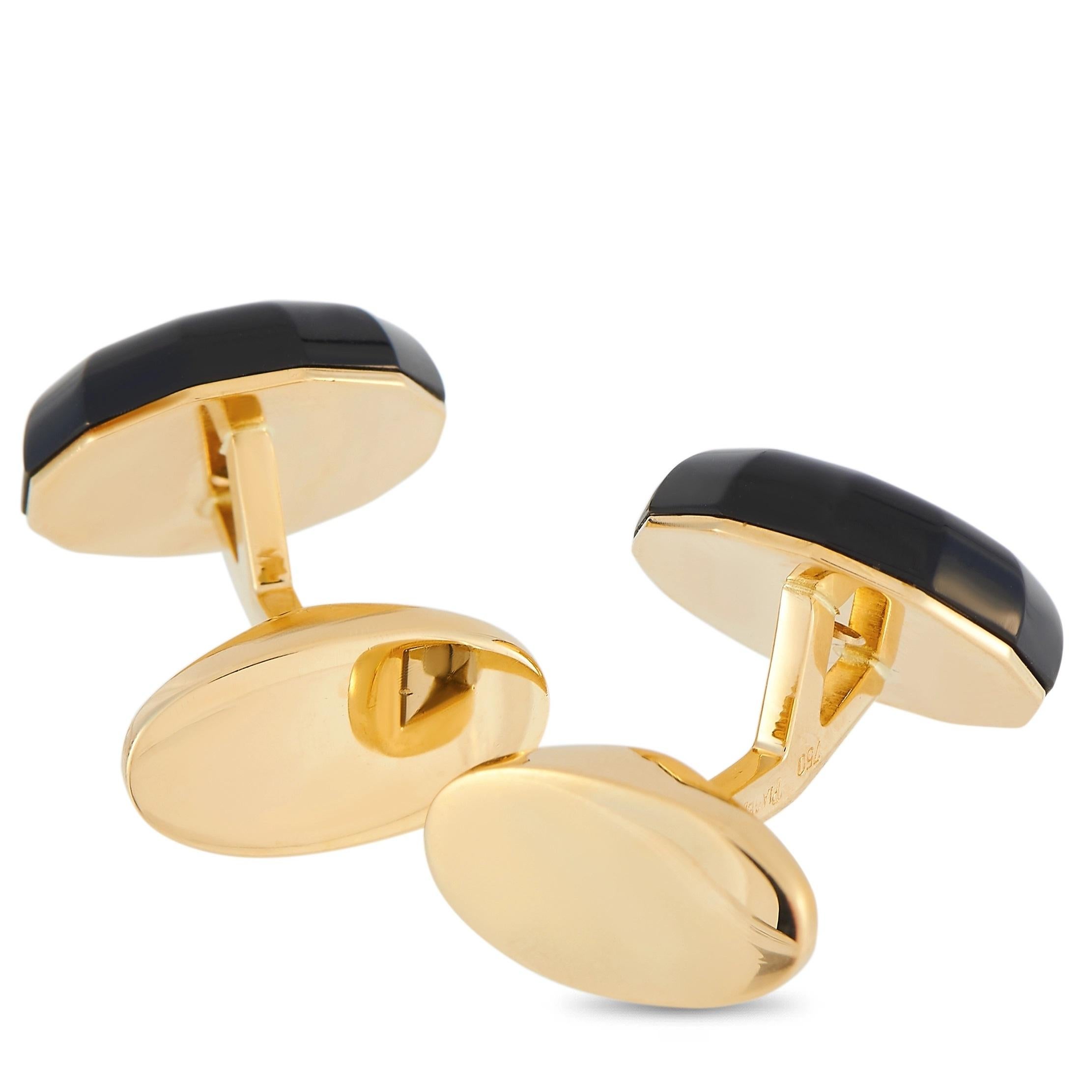 These Piaget 18K Yellow Gold Diamond and Onyx Cufflinks are sure to impress. The cufflinks are made with 18K Yellow Gold and topped with a polished onyx stone. The center of each cufflink is set with a single round cut diamond. The cufflinks measure