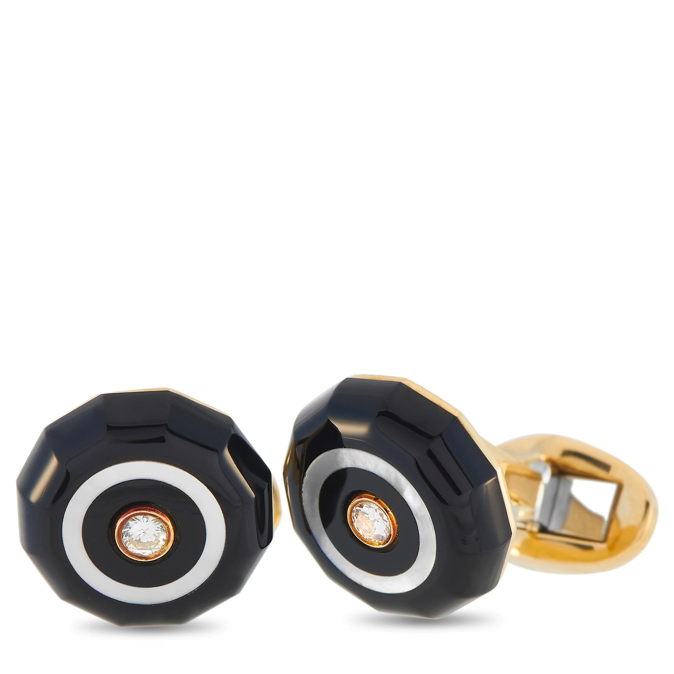 Round Cut Piaget 18K Yellow Gold Diamond and Onyx Cufflinks