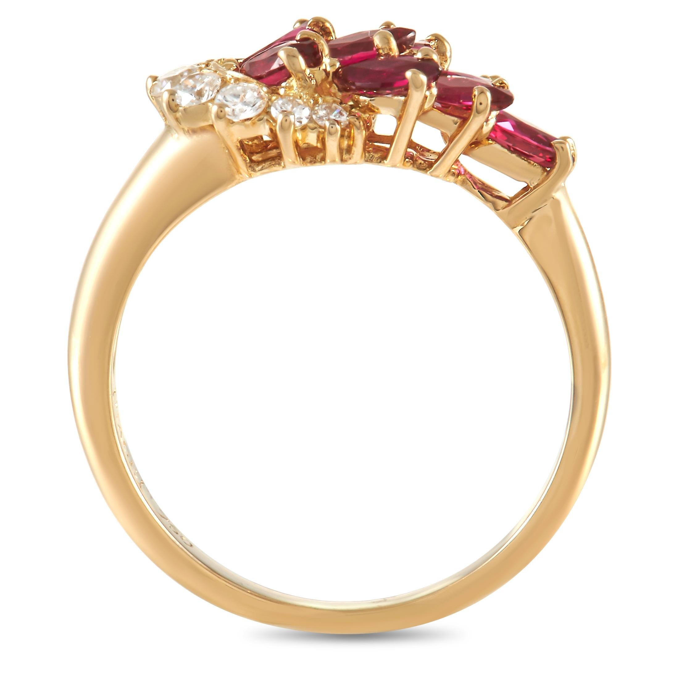 A stunning combination of rubies and diamonds make this Piaget ring impossible to ignore. Classically elegant in design, this piece’s 18K Yellow Gold setting features a 1mm wide band and a 5mm top height. 
 
 This jewelry piece is offered in estate