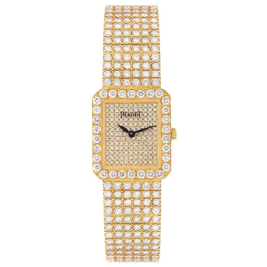 Piaget 18K Gelbgold Diamant-Zifferblatt-Armband Damenuhr 83541. Quarzwerk. gehäuse aus 18k Gelbgold, 22,5 x 20,0 mm. diamantlünette aus 18 Karat Gelbgold, Original Piaget-Werk. Kratzfestes Saphirglas. Zifferblatt mit Pave-Diamanten und blattförmigen
