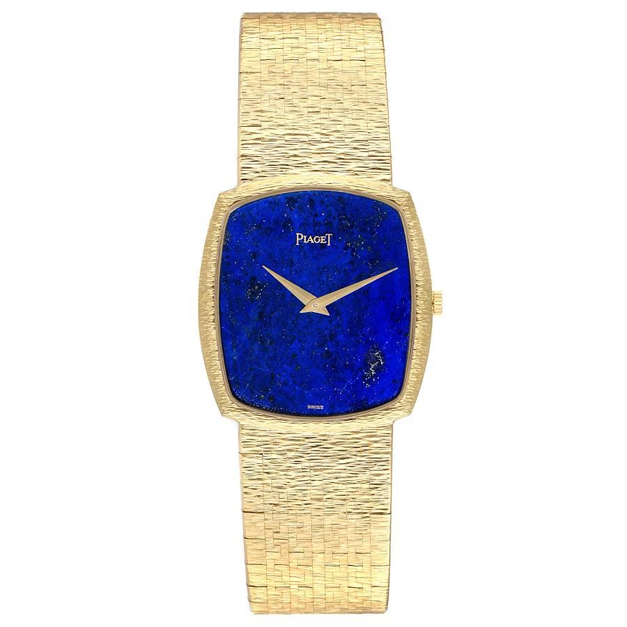 Piaget 18k Gelbgold Lapis Lazuri Zifferblatt Vintage Herrenuhr. Uhrwerk mit Handaufzug. Gehäuse aus 18k Gelbgold, Durchmesser 31,0 x 29,0 mm. Texturierte Lünette aus 18 Karat Gelbgold. Mineralglas-Kristall. Zifferblatt aus Lapislazuli mit