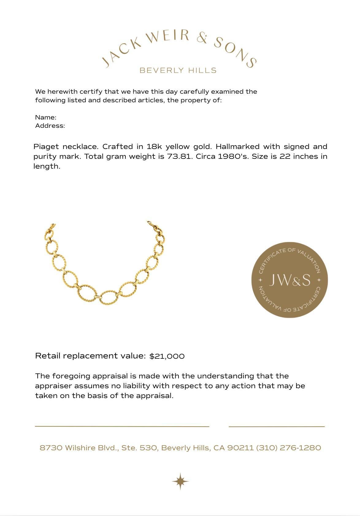 Collier Piaget en or jaune 18 carats Bon état - En vente à Beverly Hills, CA