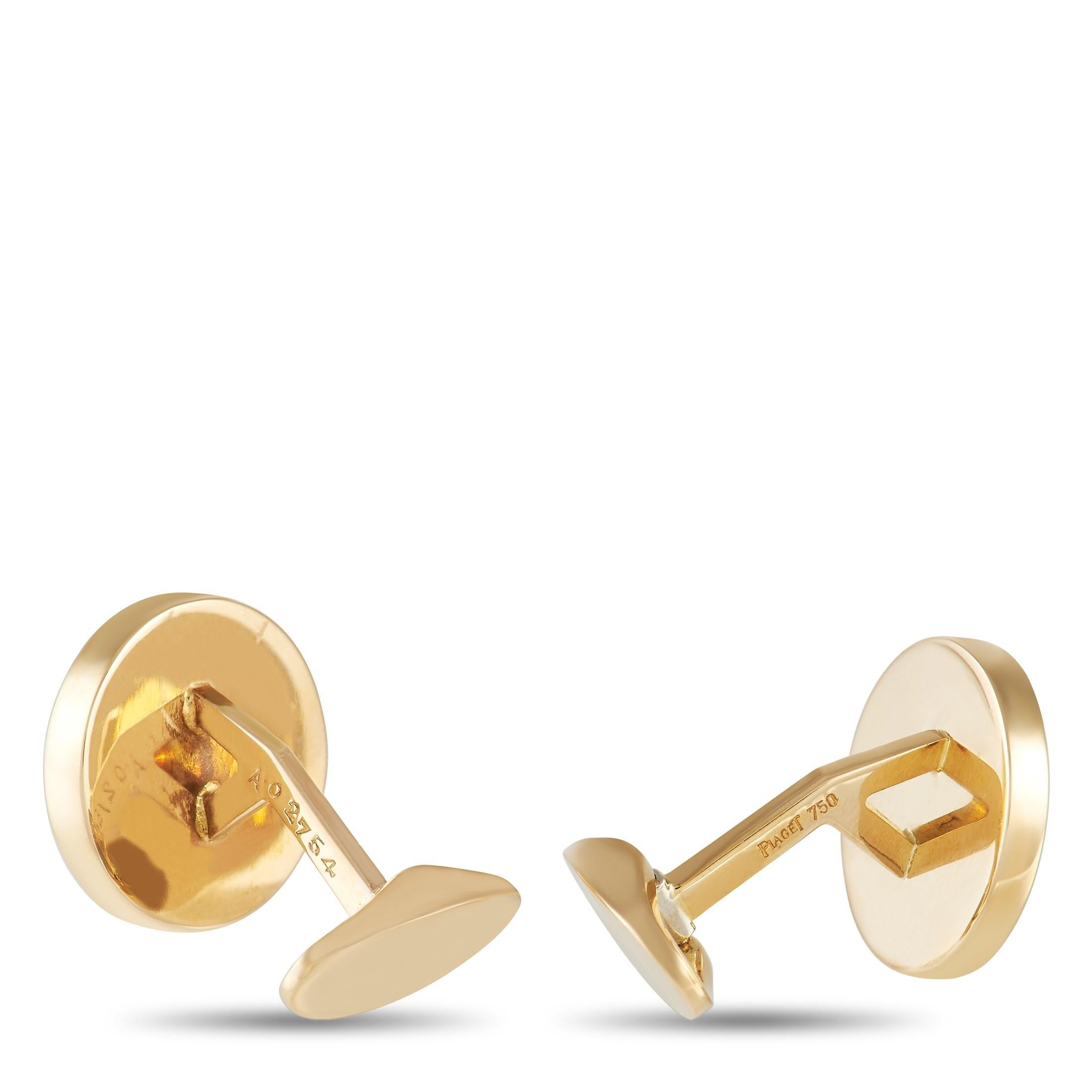Add an edgy touch to your formal or business look with this pair of onyx cufflinks from Swiss luxury jeweler Piaget. The cup member, post, and clasp are fashioned in 18K yellow gold. The front face is a black onyx that exudes masculine elegance.