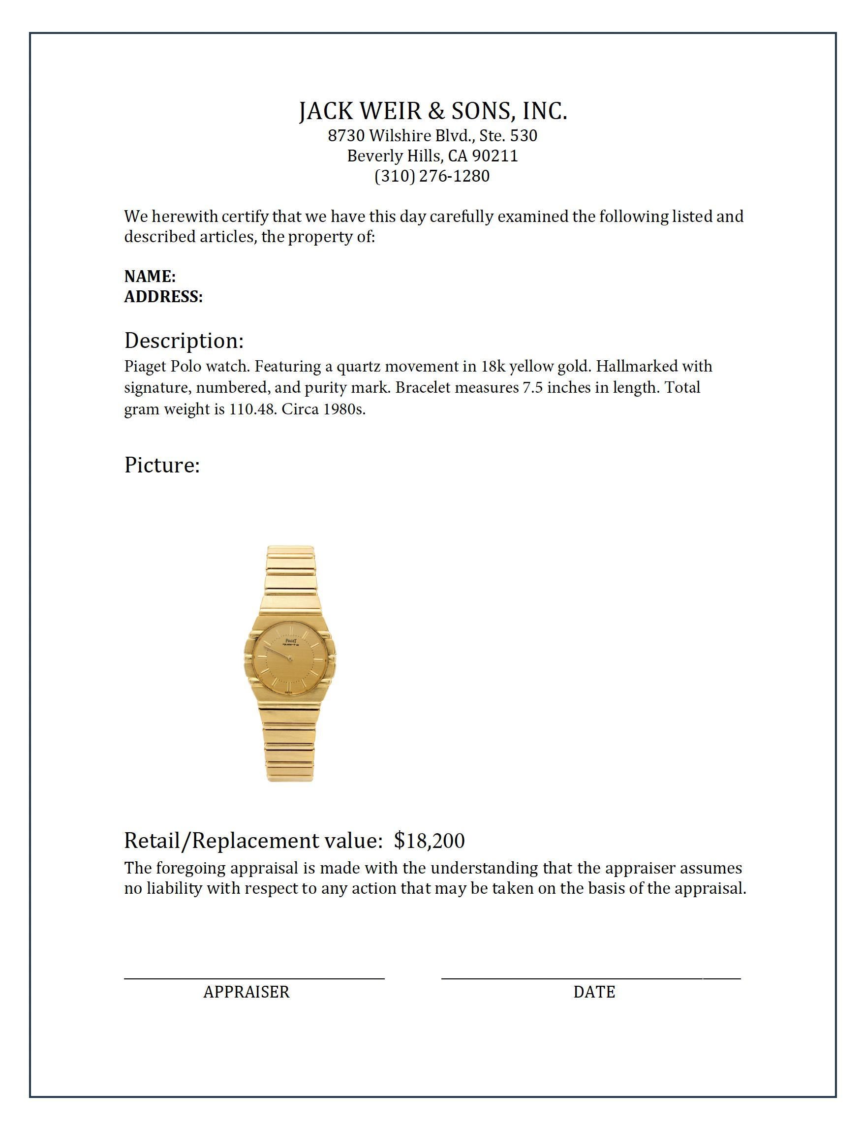 Piaget: 18 Karat Gelbgold Polo-Uhr für Damen oder Herren
