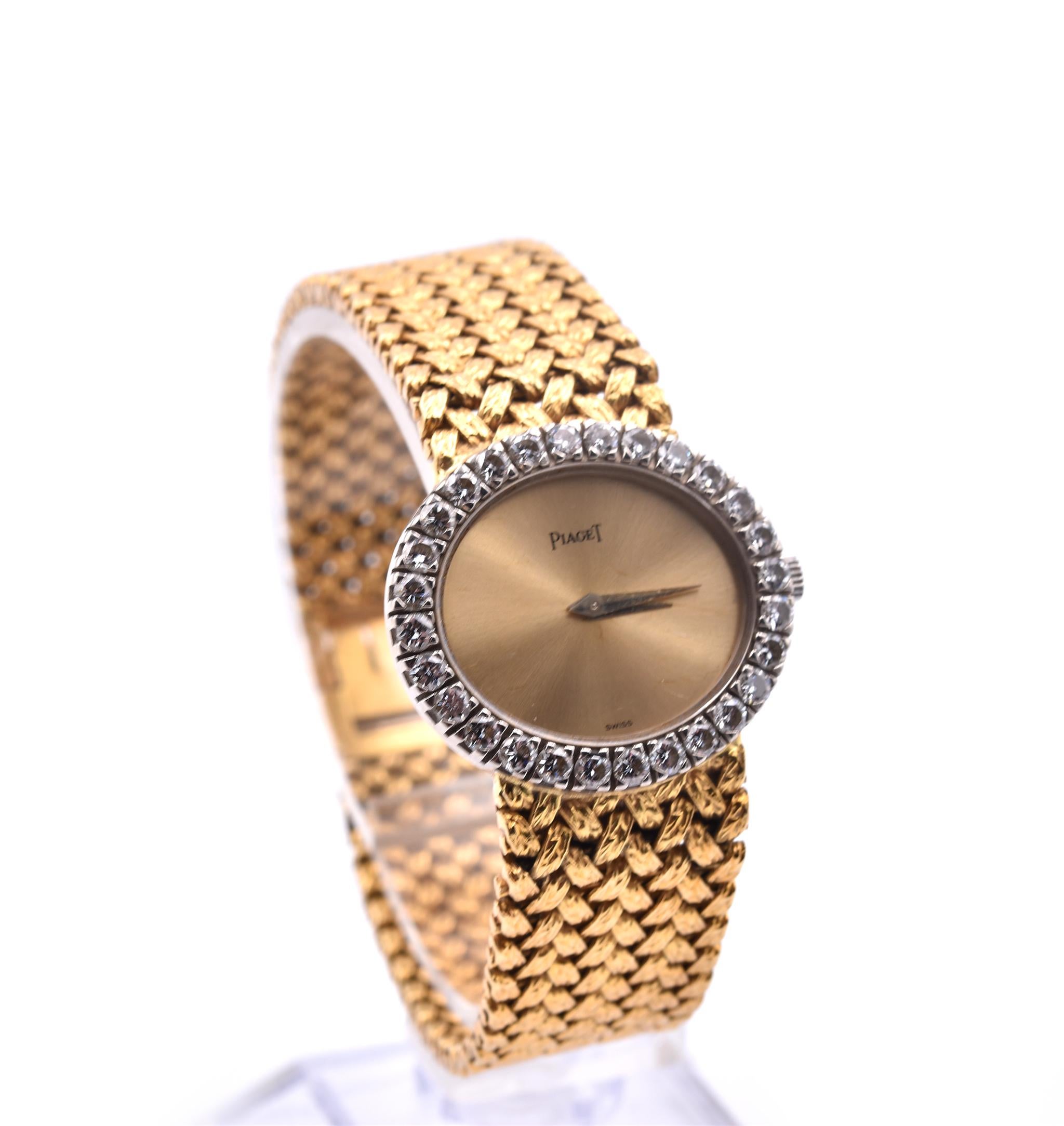 Movement: manual
Function: hours, minutes
Case: 28mm by 24mm oval 18k yellow gold case, sapphire crystal
Band: 18k yellow gold bracelet will fit a 6.5-inch wrist 
Dial: gold dial, gold hands
Bezel: 28 Diamonds = 1.00cttw
Serial: 353XXX
Reference#: