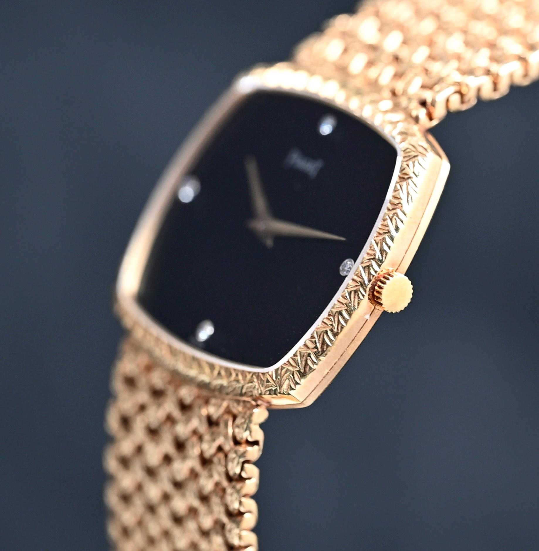Round Cut Piaget 18K YG Onyx Stone Dial Diamond Indexes Manual Wind 9731D, 1980-90's For Sale