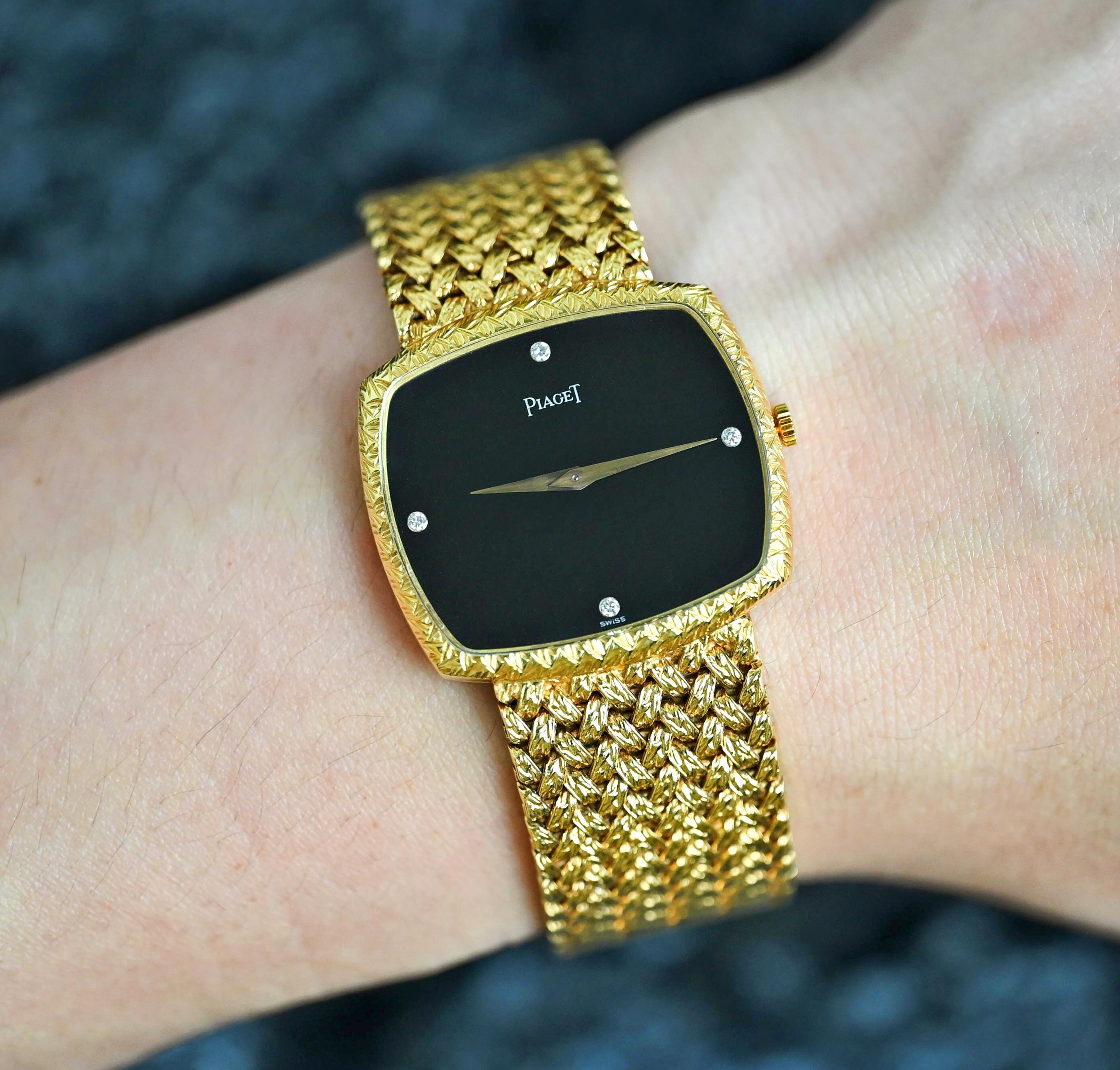 Piaget 18K YG Onyx Stone Dial Diamond Indexes Manual Wind 9731D, 1980-90's For Sale 2