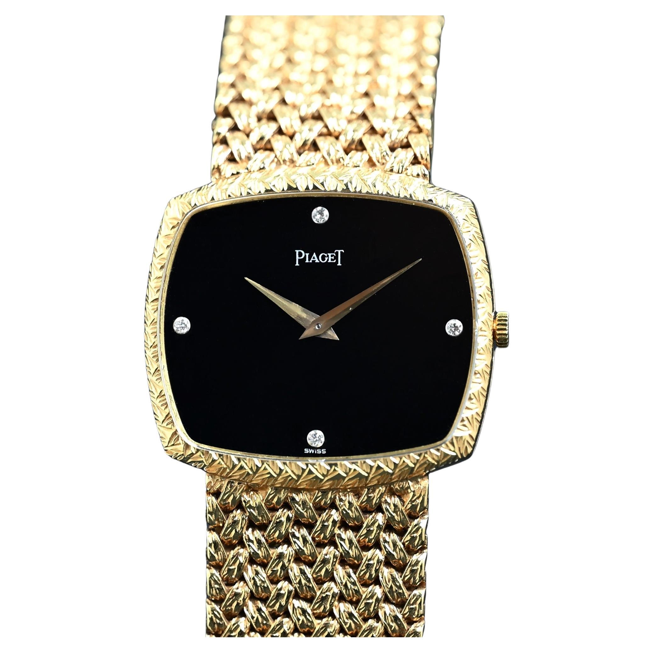 Piaget 18K YG Onyx Stone Dial Diamond Indexes Manual Wind 9731D, 1980-90's For Sale