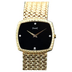Piaget 18K YG Onyx Stein Zifferblatt Diamant Indexe Handaufzug 9731D, 1980-90er Jahre