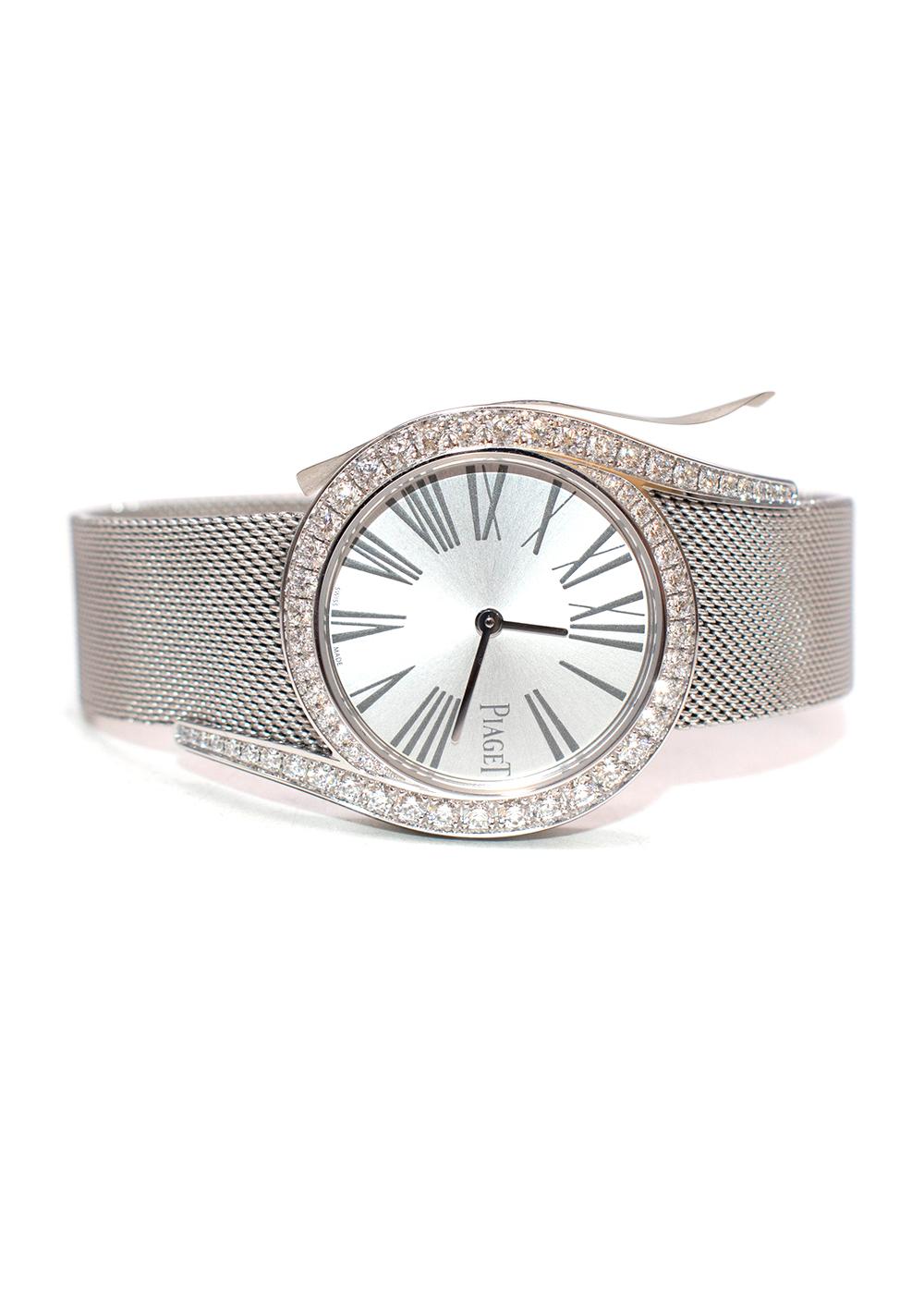 Piaget 18kt White Gold & Diamond 32mm Limelight Gala Watch

- A beautiful bracelet watch crafted in 18kt white gold
- Case set with 62 brilliant-cut diamonds (approx. 1.75 ct)
- traditional white gold Milanese bracelet
- Buckle set with a