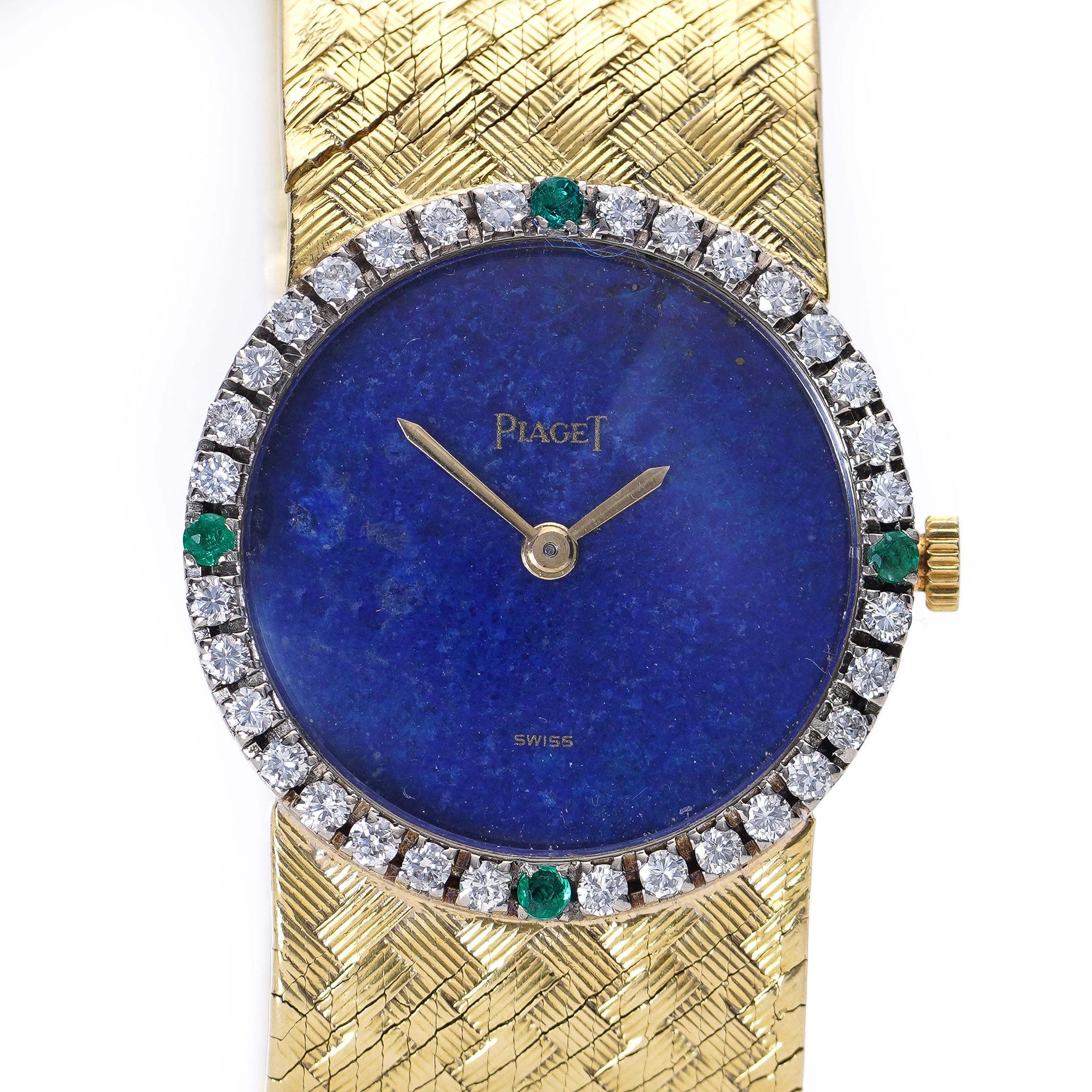 Piaget 18kt. Yellow and white Gold Lapis Lazuli Dial Diamond Emerald Vintage Cocktail Watch 926B23

Piaget is a luxury Swiss watch and jewellery brand that has been creating some of the most beautiful and intricate timepieces in the world since