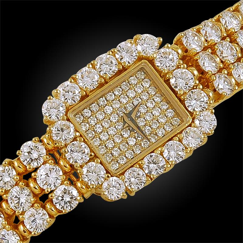 Round Cut Piaget Ladies Diamond Yellow Gold Halo Bracelet Wristwatch For Sale