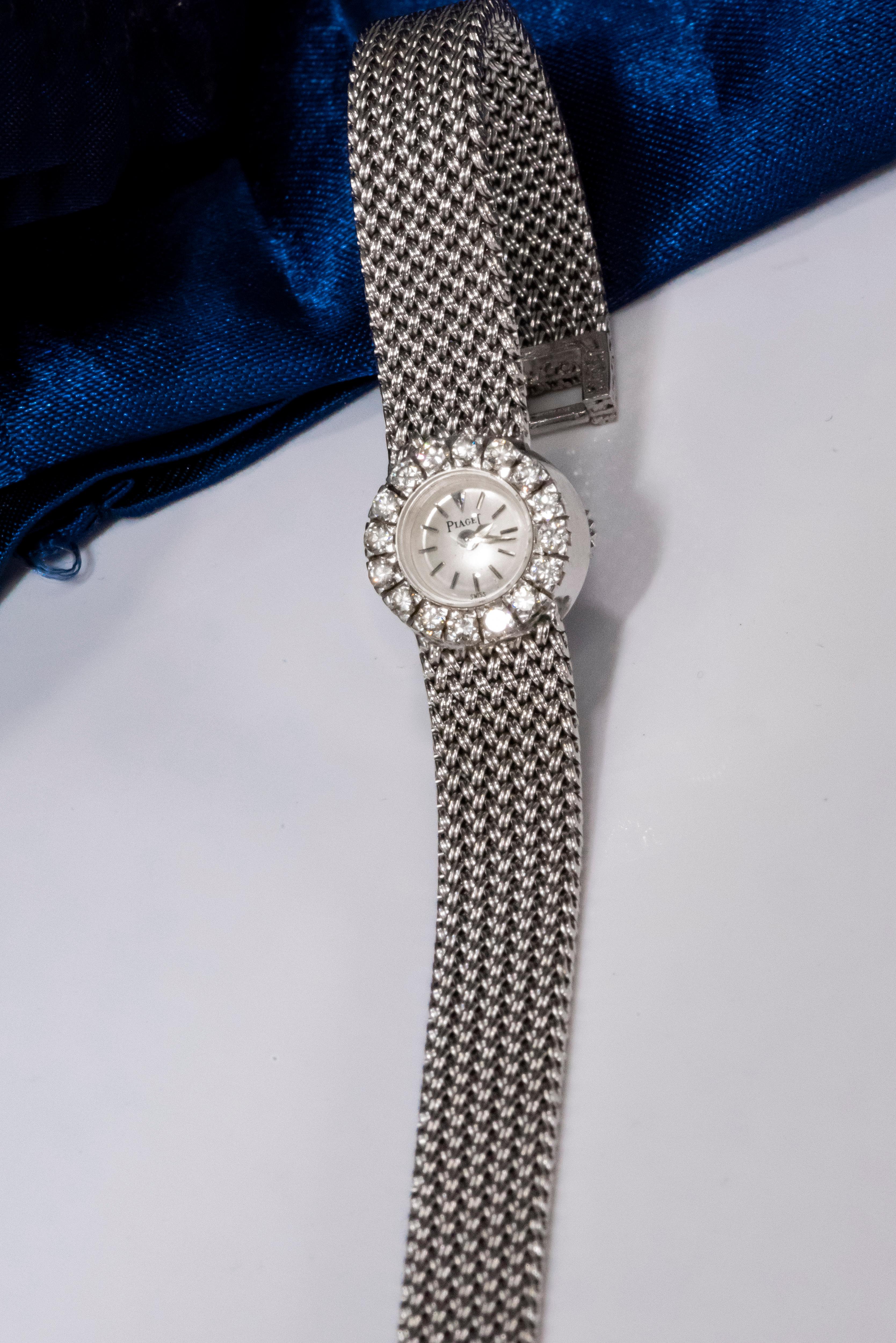 Piaget 1960s 18 Karat White Gold 2 Carat VS1 Diamond Mesh Bracelet Watch 9