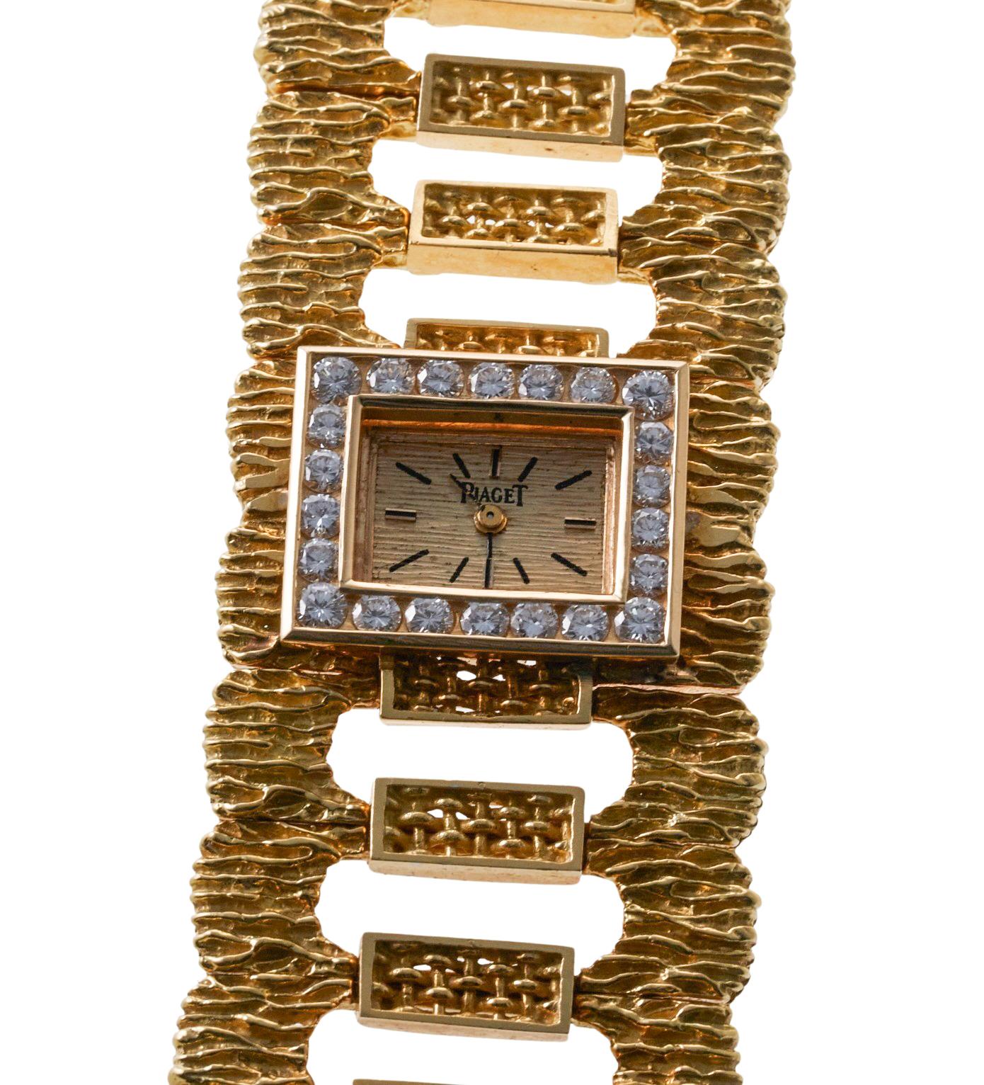 1970s 18k gold Piaget watch bracelet, case decorated with approx. 1.70ctw G/VS diamonds on the bezel. The bracelet is 6 5/8