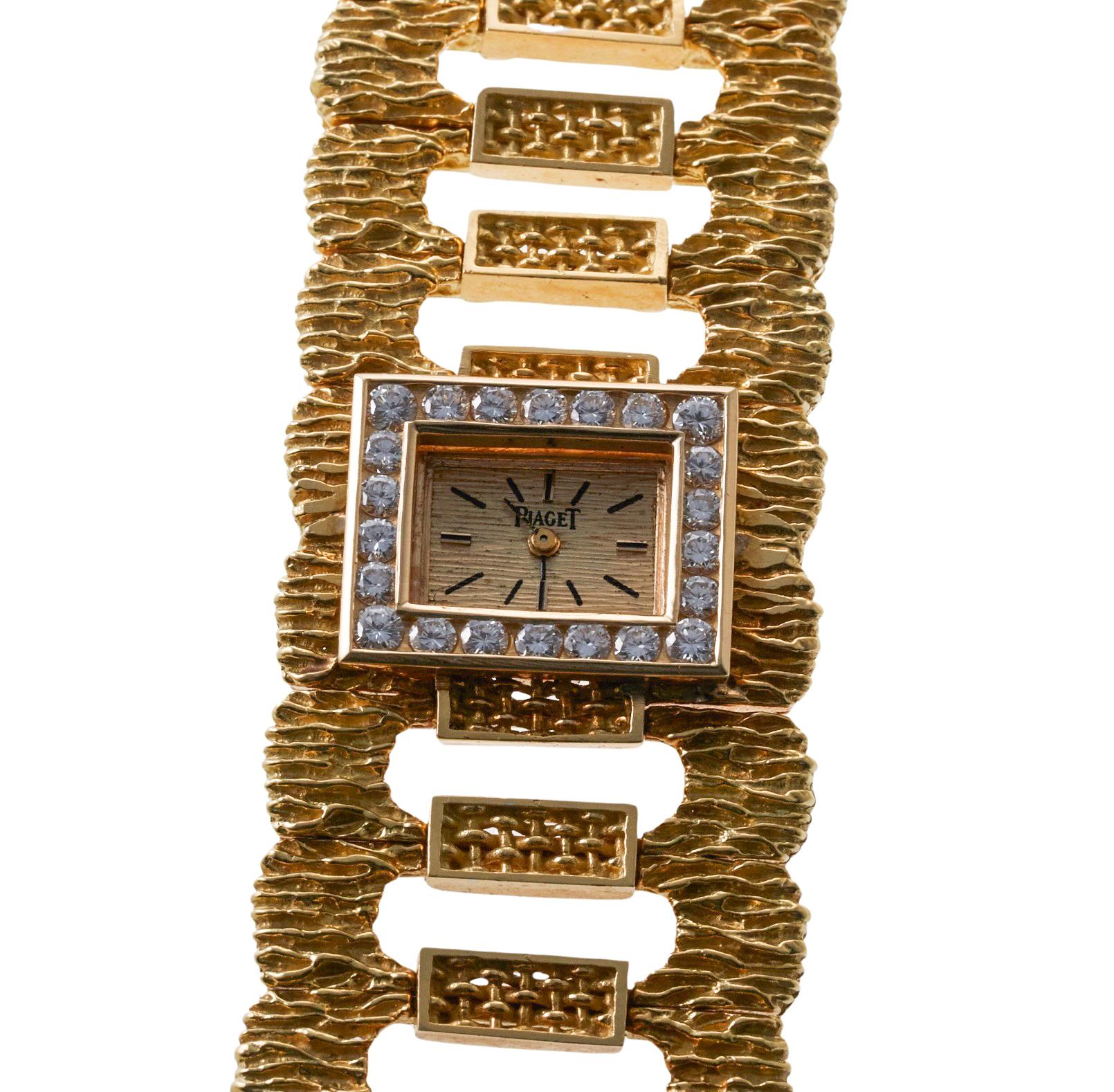 Round Cut Piaget 1970s Diamond Gold Watch Bracelet