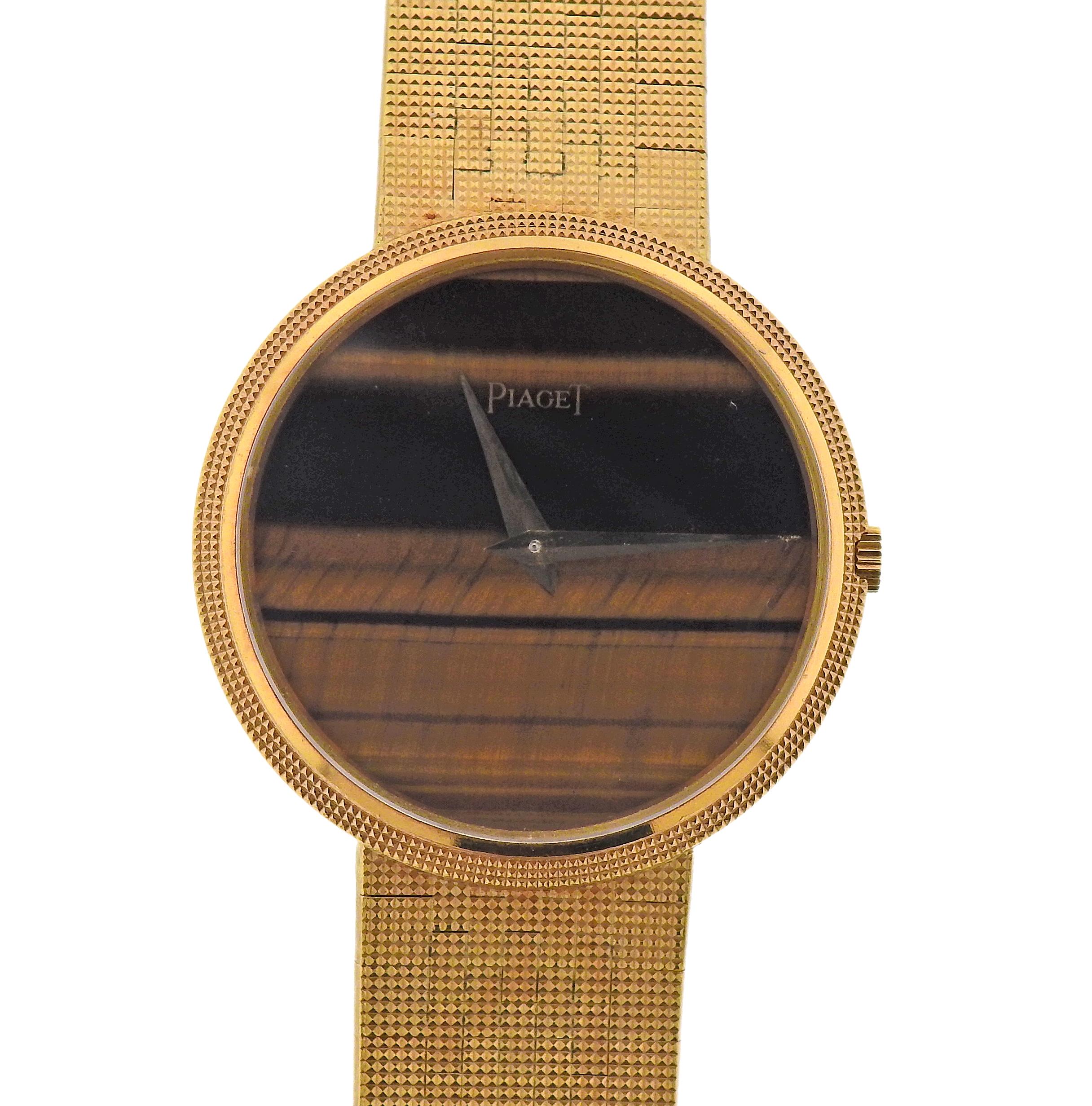 1970s Piaget manual wind watch, with tiger's eye dial. Case is 28mm in diameter, bracelet is 7.5