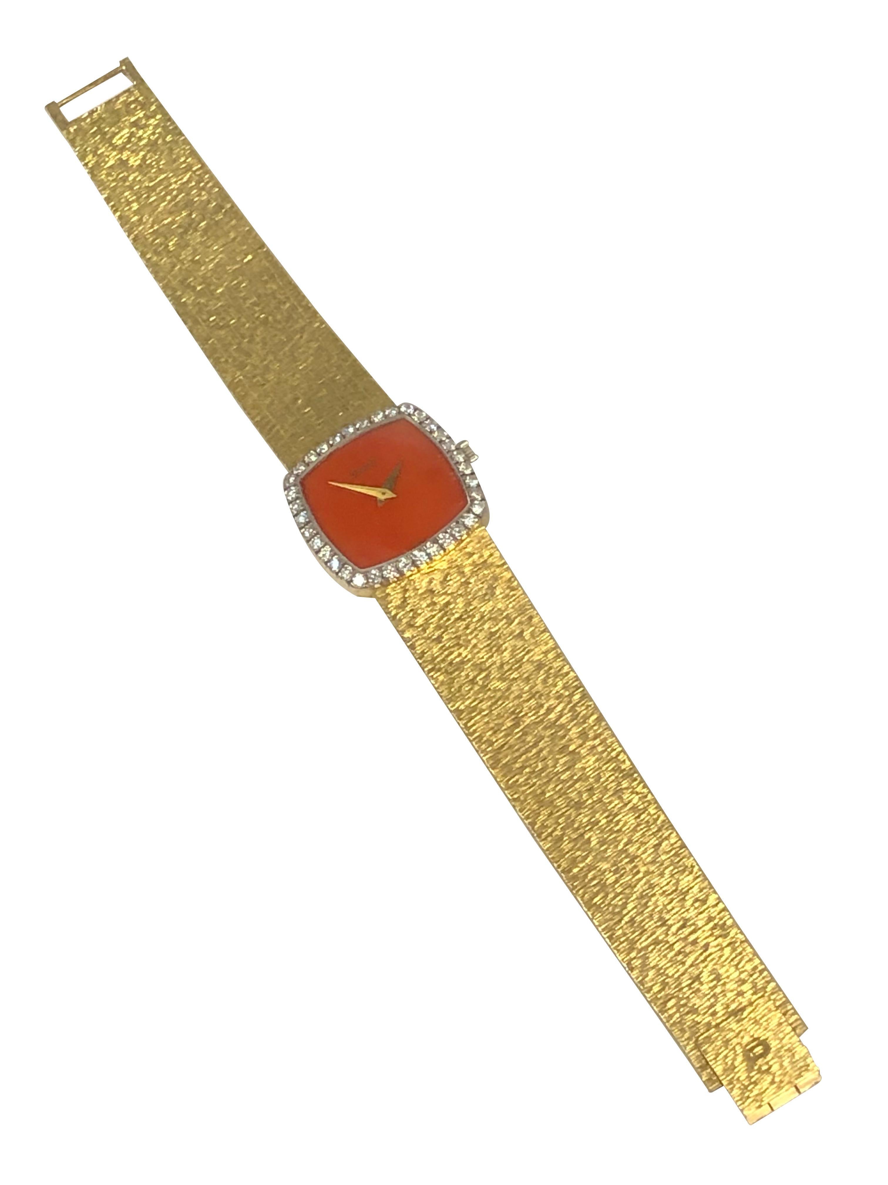Round Cut Piaget 1970s Yellow Gold Coral and Diamonds Mechanical Wrist Watch