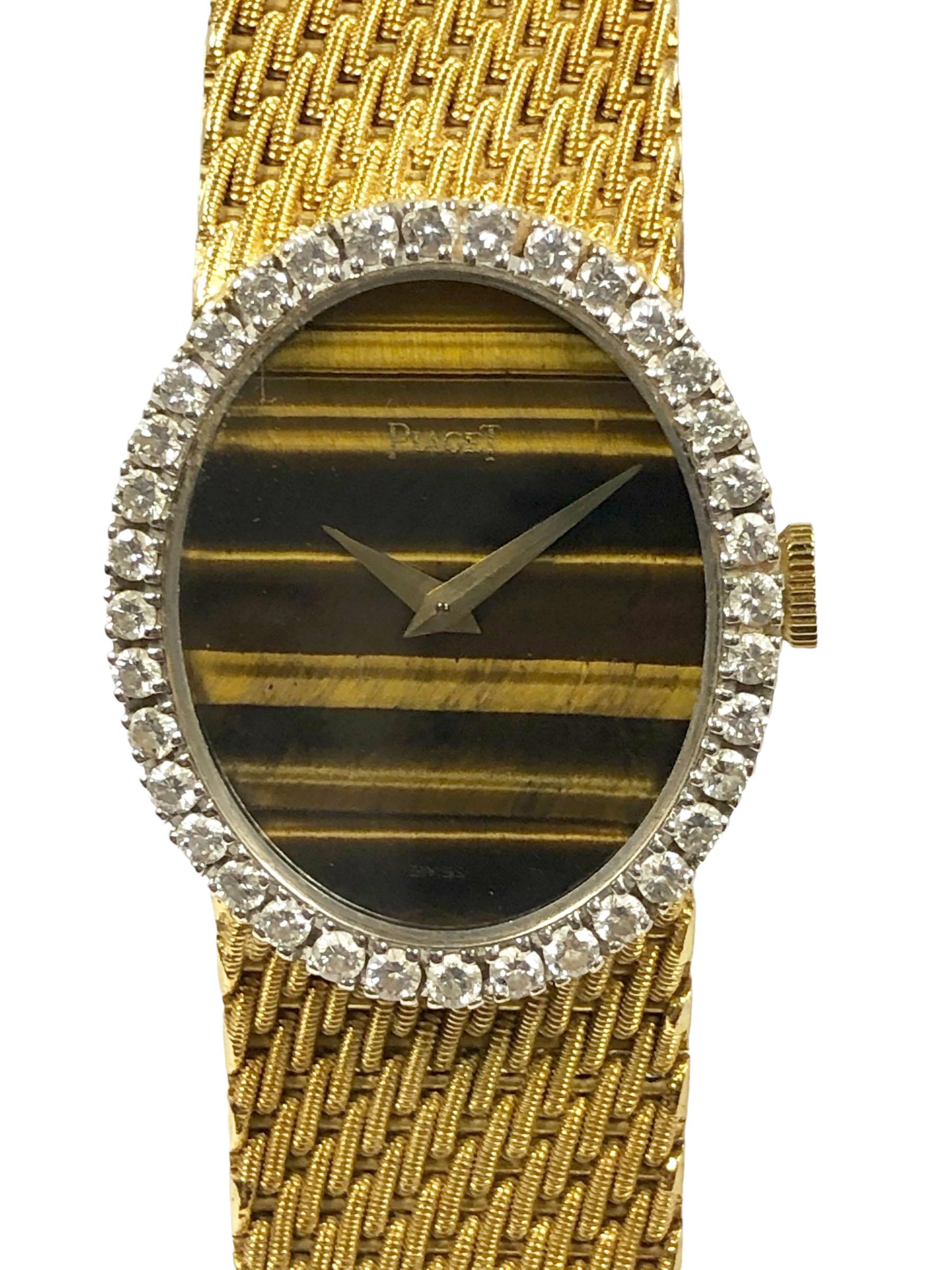 Piaget 1970s Yellow Gold Diamond and Tigers Eye Dial Ladies Wrist Watch In Excellent Condition In Chicago, IL