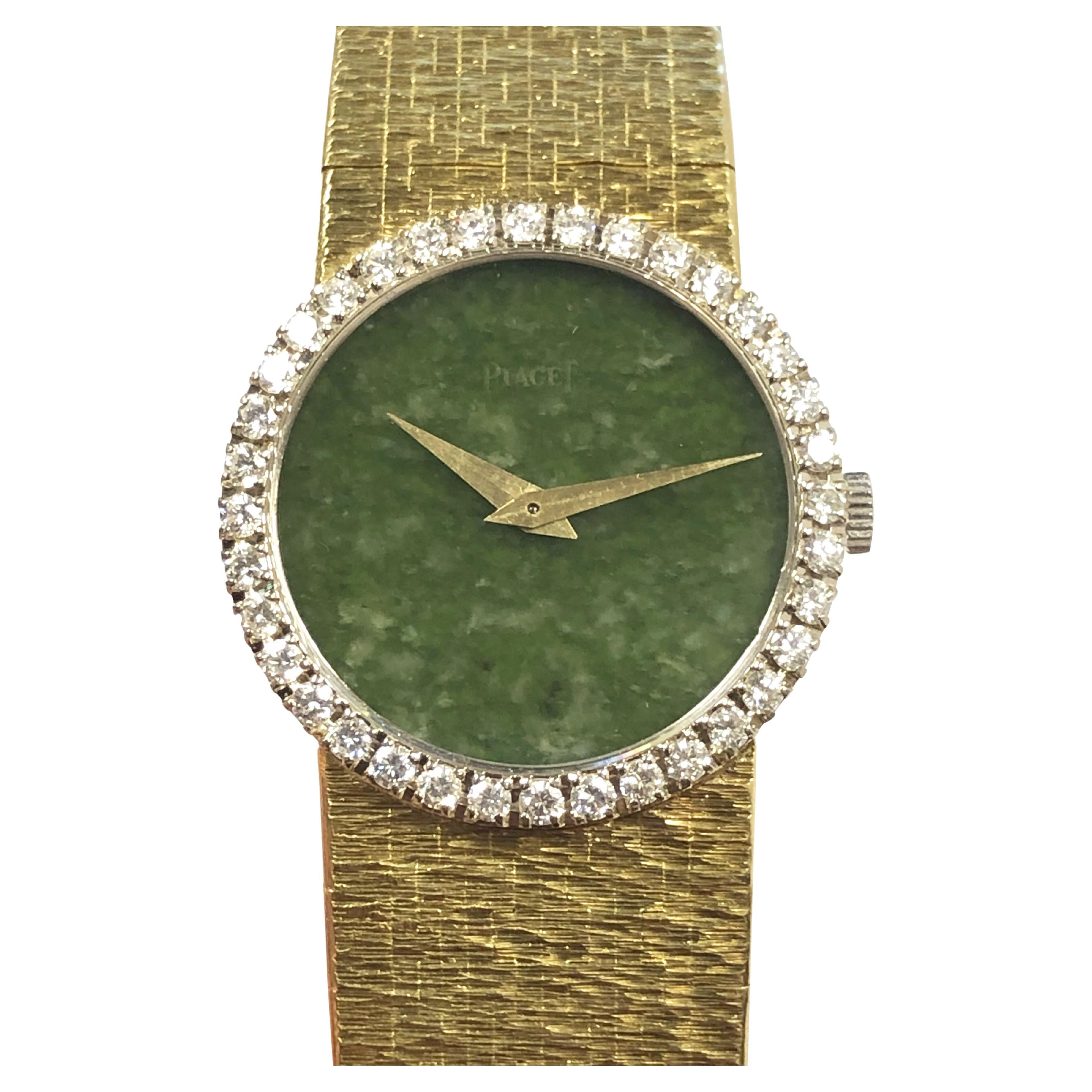 Piaget 1970er Jahre Gelbgold Jadite und Diamant Damenarmbanduhr