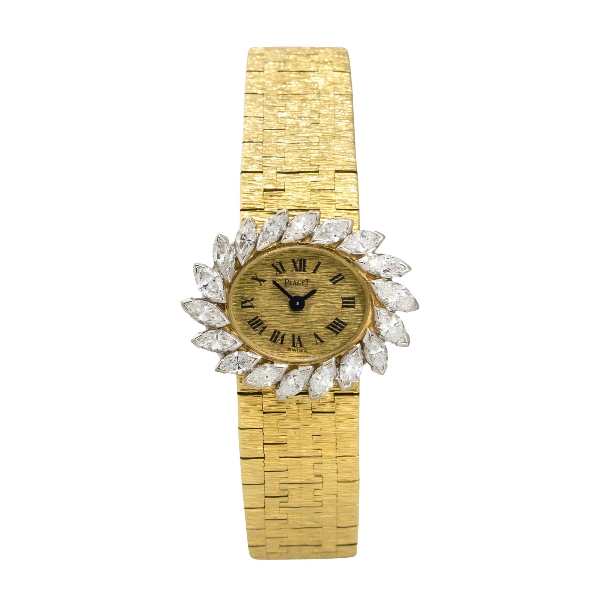 Brand: Piaget
Case Material: 18k Yellow Gold
Case Diameter: 20mm
Crystal: Sapphire Crystal
Bezel: 18k Yellow gold bezel with marquise cut Diamonds
Dial: Gold dial with black hands and black roman numerals
Bracelet: 18k Yellow Gold
Size	Will fit a
