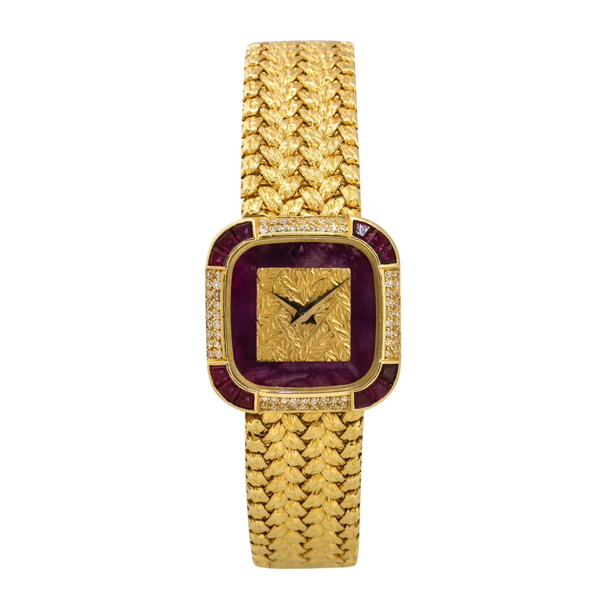 Brand: Piaget
Case Material: 18k Yellow Gold
Case Diameter: 21mm
Crystal: Sapphire Crystal
Bezel: 18k Yellow gold Ruby & Diamond bezel
Dial: Gold & Ruby dial with yellow gold hands
Bracelet: 18k Yellow Gold bracelet
Size: Will fit a