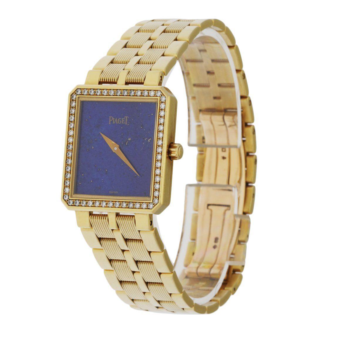 Piaget 50155 M601DÂ Ladie watch. 25MM 18K yellow gold case with 18K yellow gold and factory diamond set bezel. Blue lapis dial with gold hands. 18K yellow gold bracelet with 18K yellow gold hidden butterfly clasp. Will fit up to 7-Inch wrist.