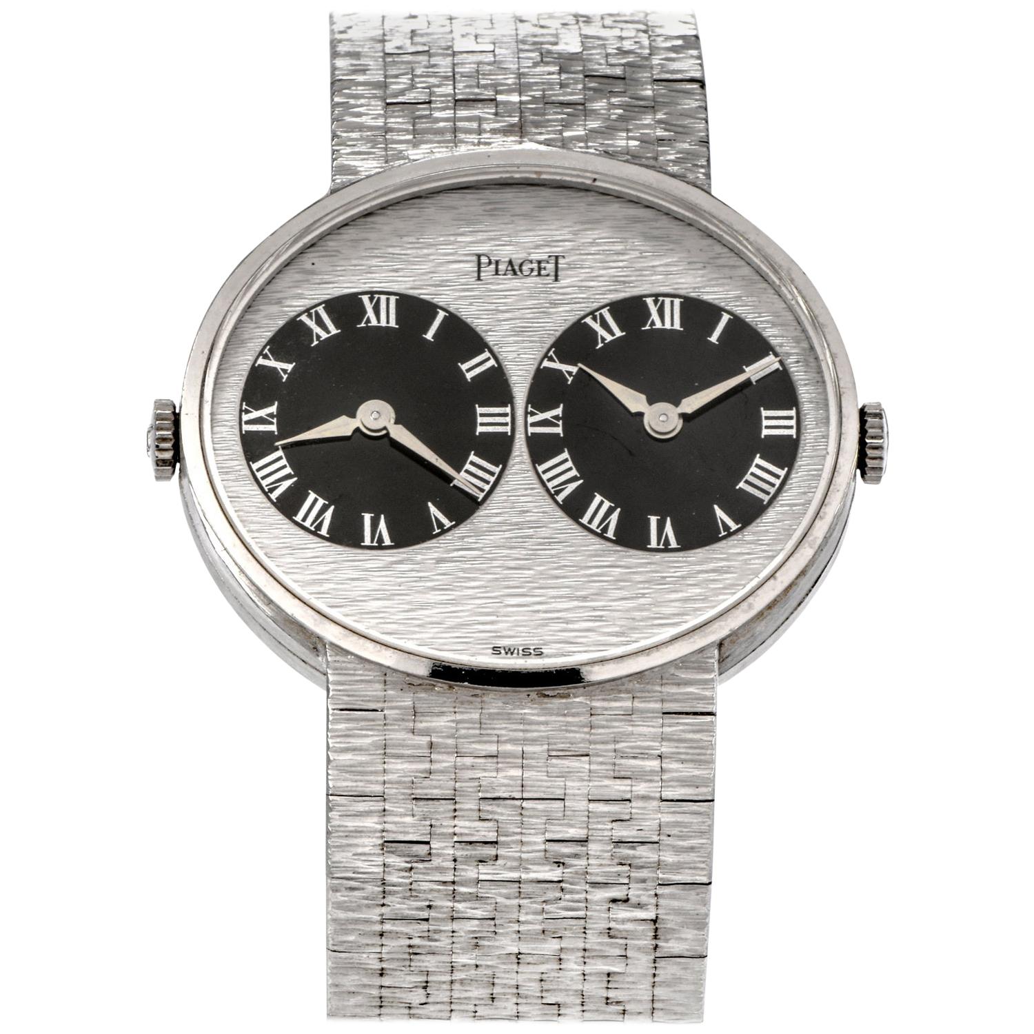 Piaget 612501 A6 Vintage 1970s Two Time Zone 18 Karat White Gold Watch